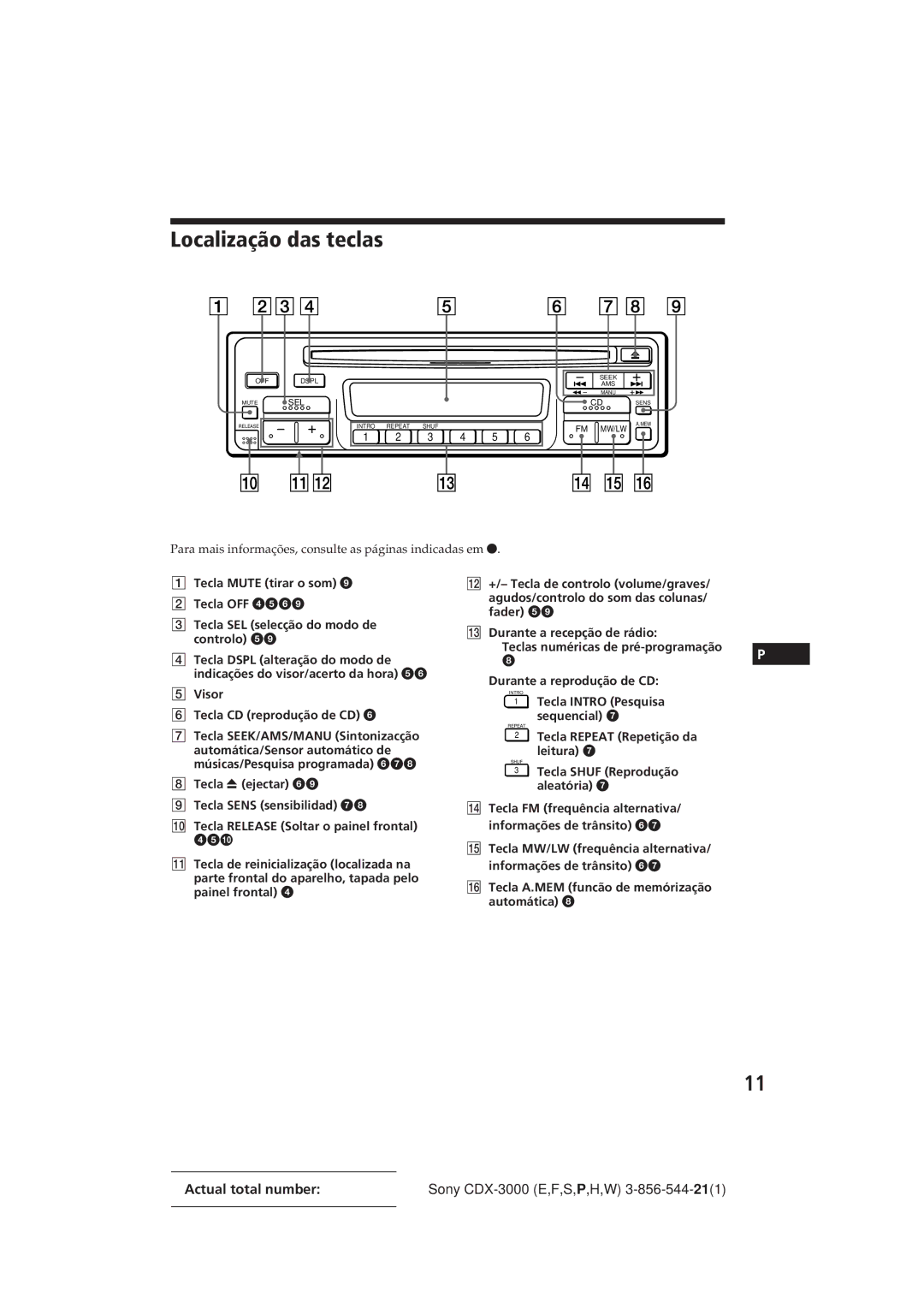 Sony CDX-3000 manual Localização das teclas, Para mais informações, consulte as páginas indicadas em r 