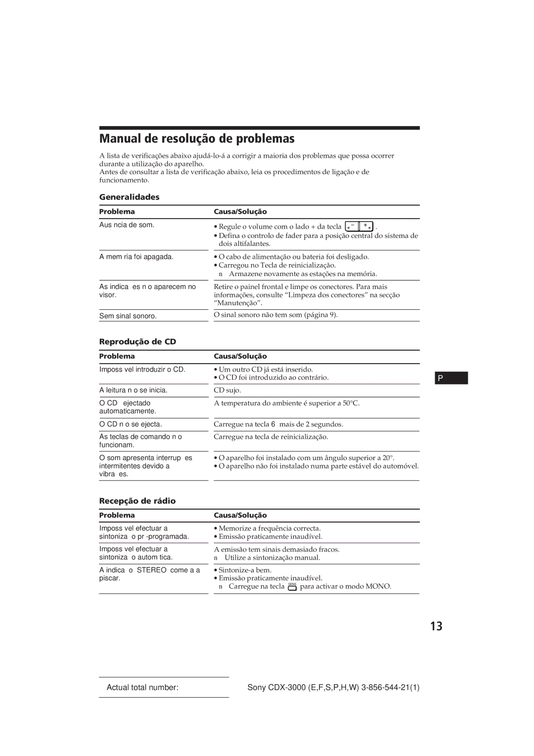 Sony CDX-3000 manual Manual de resolução de problemas, Reprodução de CD, Recepção de rádio 