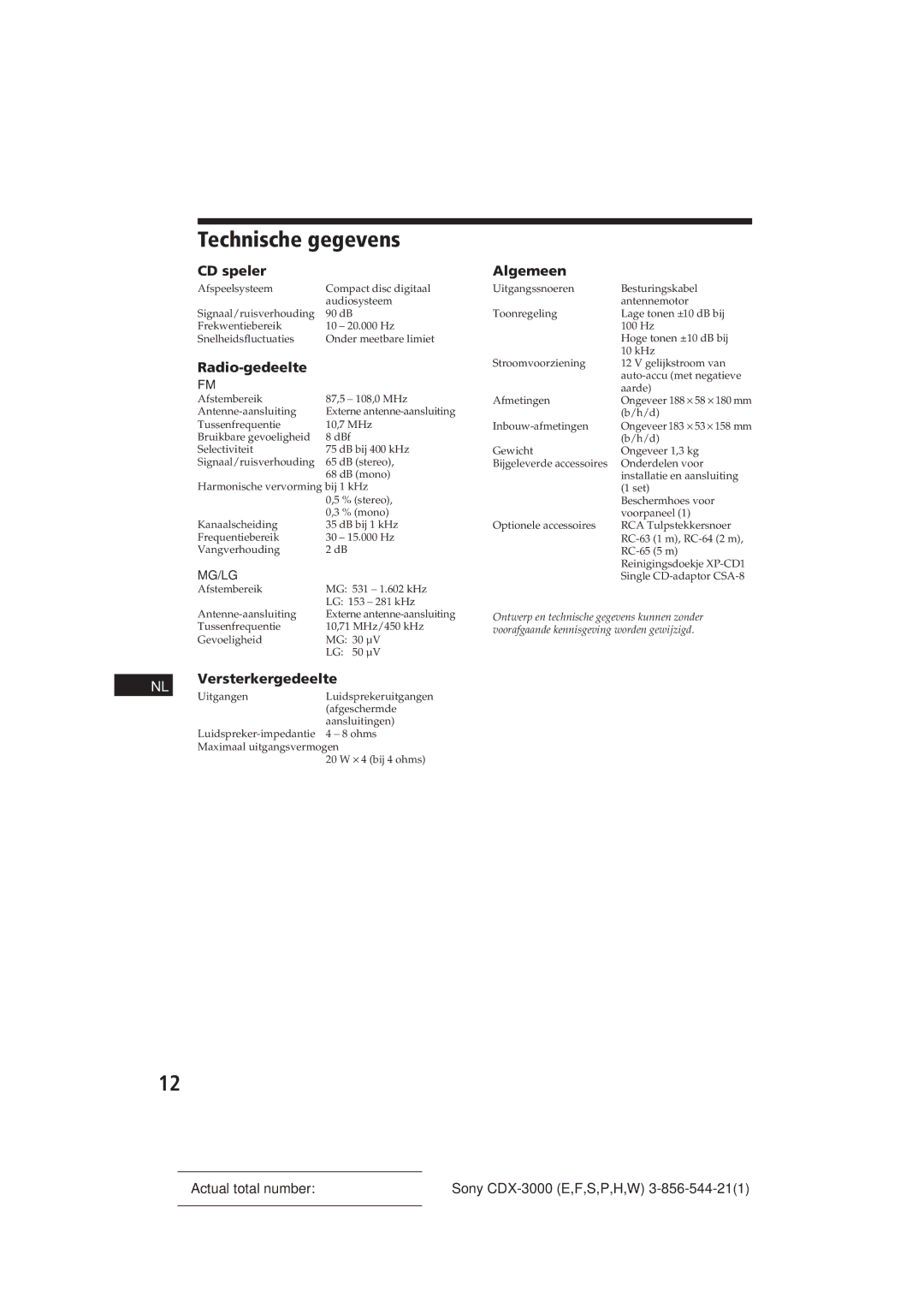 Sony CDX-3000 manual Technische gegevens, CD speler, Radio-gedeelte, NL Versterkergedeelte 