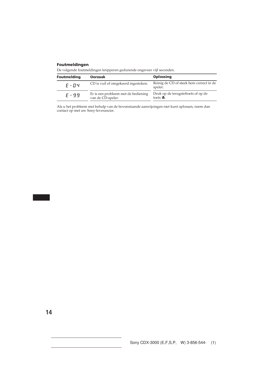 Sony CDX-3000 manual Foutmeldingen, Foutmelding Oorzaak 