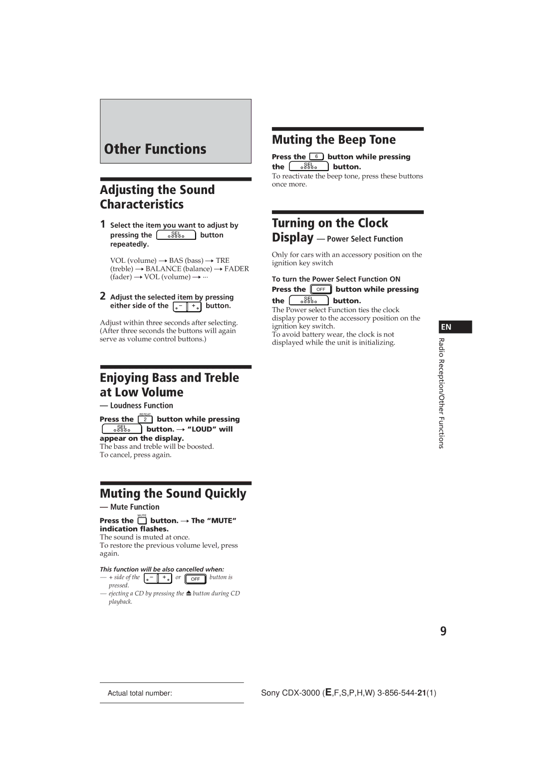 Sony CDX-3000 manual Other Functions, Enjoying Bass and Treble at Low Volume, Muting the Beep Tone, Turning on the Clock 