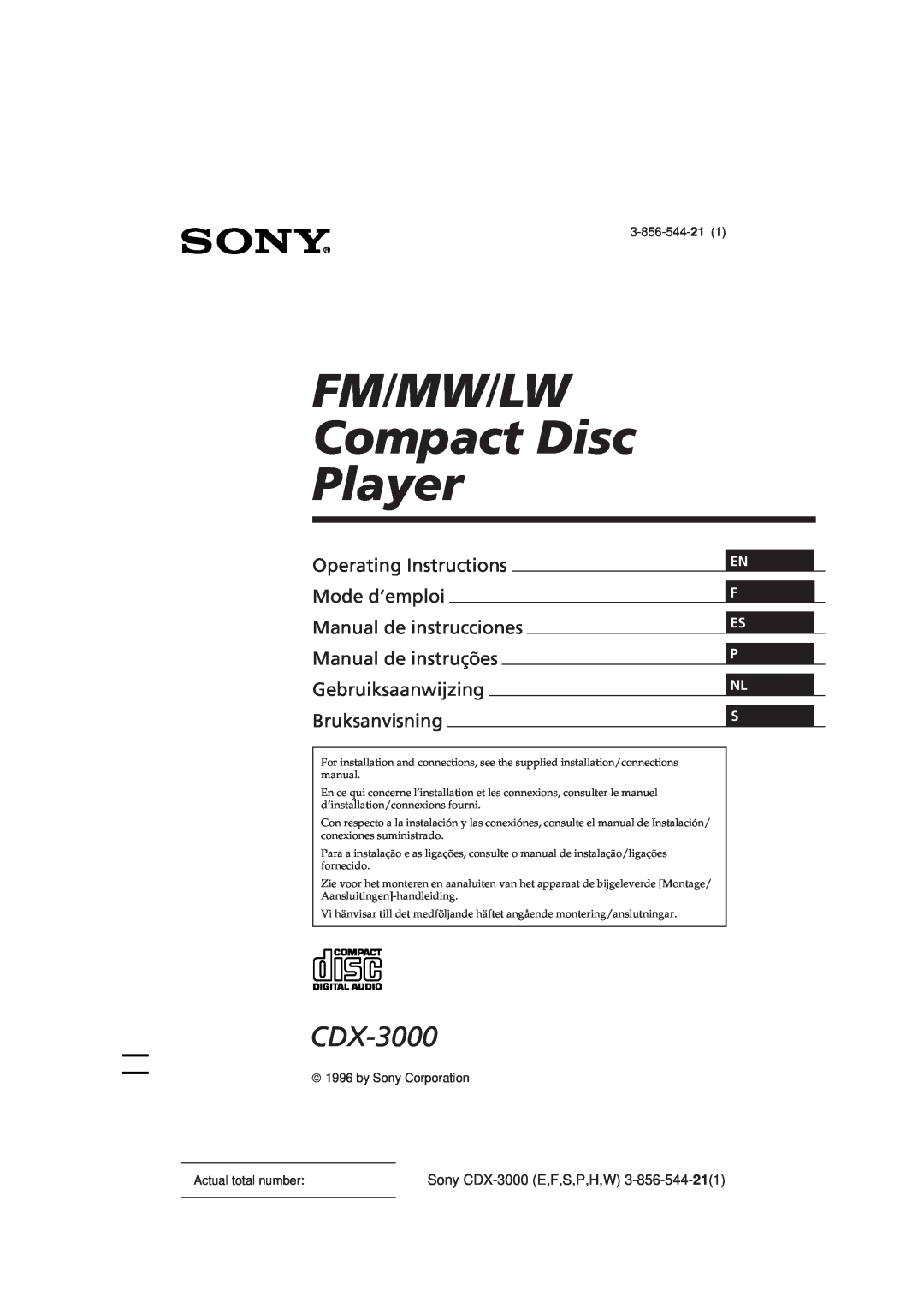 Sony manual En F Es P Nl S, 3-856-544-21, by Sony Corporation, Actual total number, Sony CDX-3000E,F,S,P,H,W 