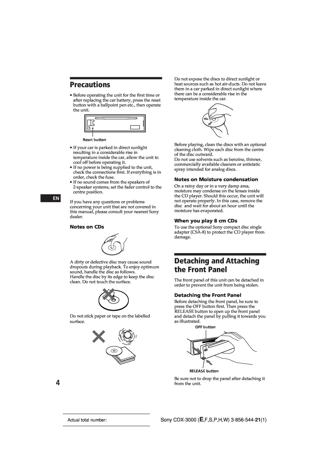Sony CDX-3000 manual Precautions, Detaching and Attaching the Front Panel, Notes on CDs, Notes on Moisture condensation 