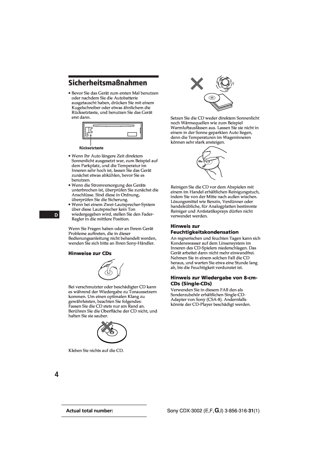 Sony CDX-3002 manual Sicherheitsmaßnahmen, Hinweise zur CDs, Hinweis zur Feuchtigkeitskondensation, Actual total number 