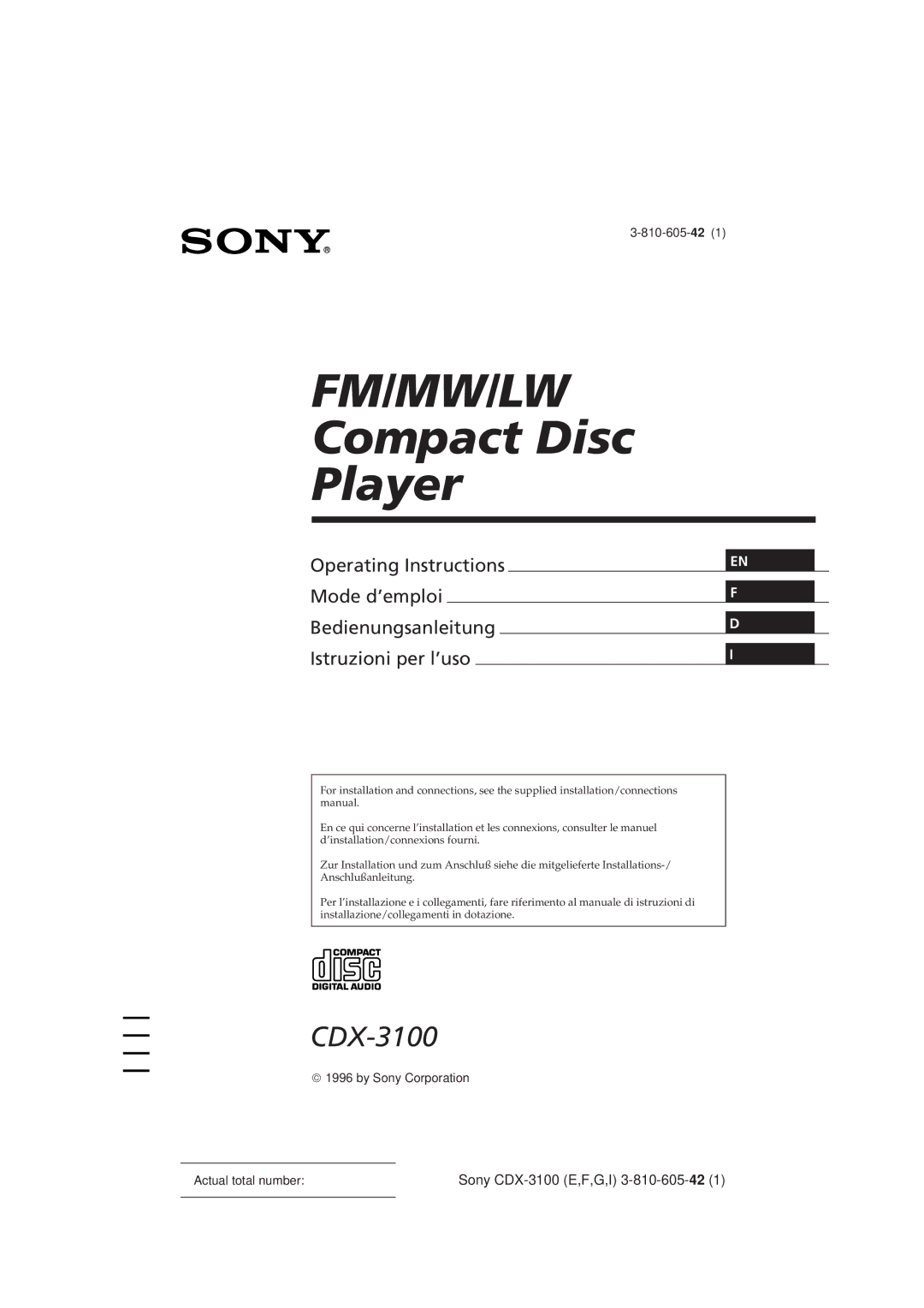 Sony CDX-3100 manual Fm/Mw/Lw 