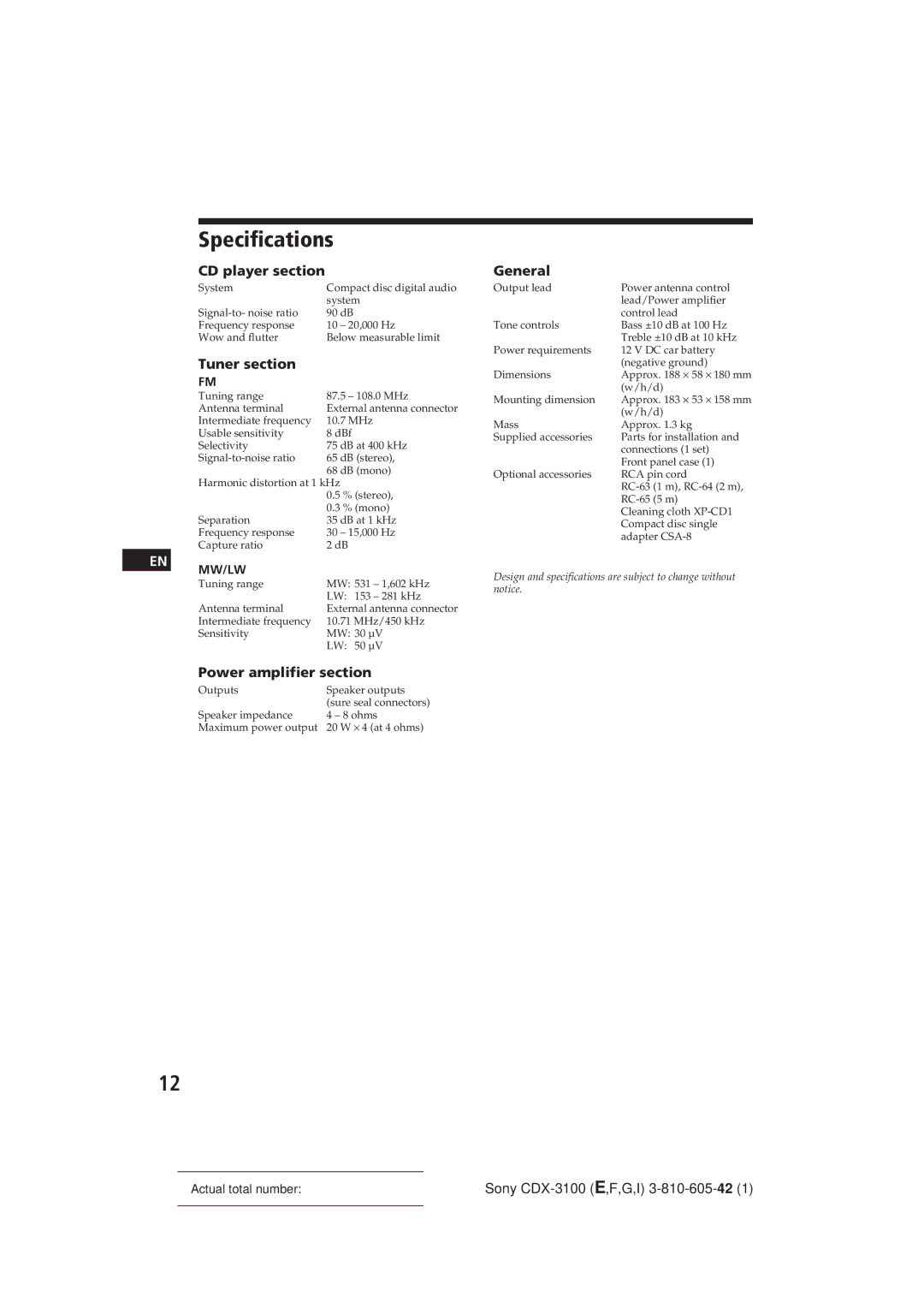 Sony CDX-3100 manual Specifications, Power amplifier section 