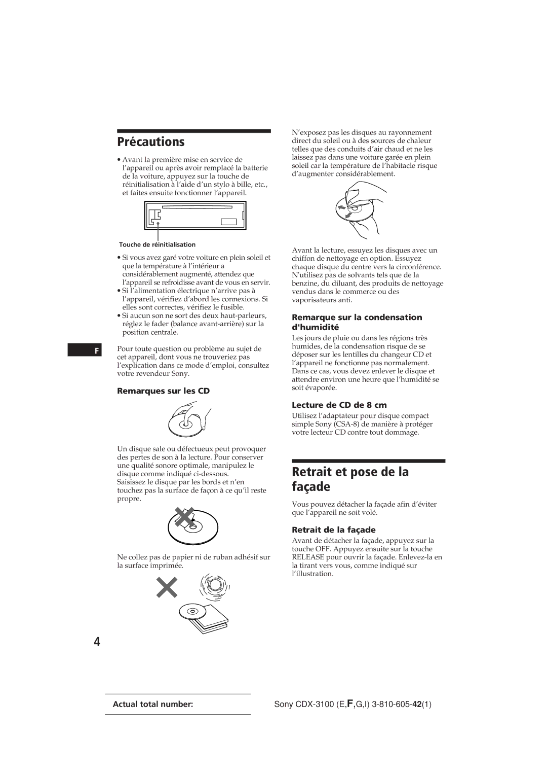 Sony CDX-3100 manual Précautions, Retrait et pose de la façade 