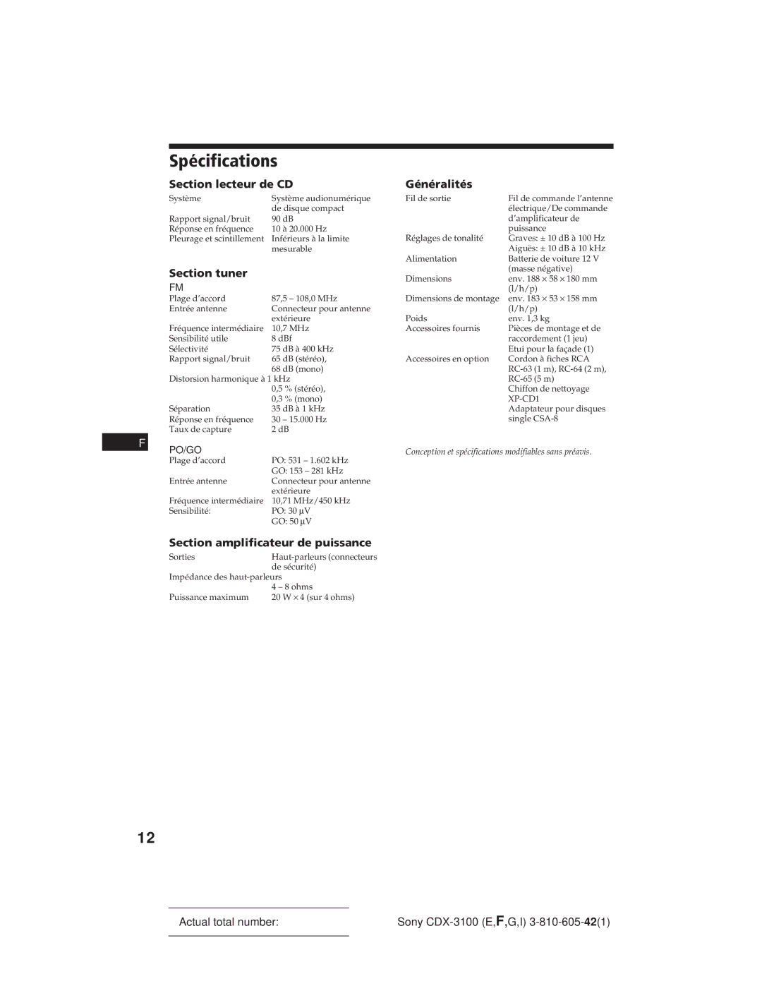 Sony CDX-3100 manual Spécifications, Section lecteur de CD, Section amplificateur de puissance 