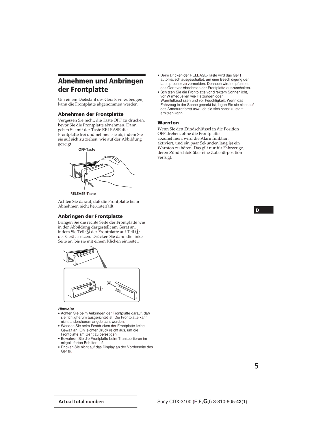 Sony CDX-3100 manual Abnehmen und Anbringen der Frontplatte, Abnehmen der Frontplatte, Warnton, Hinweise 