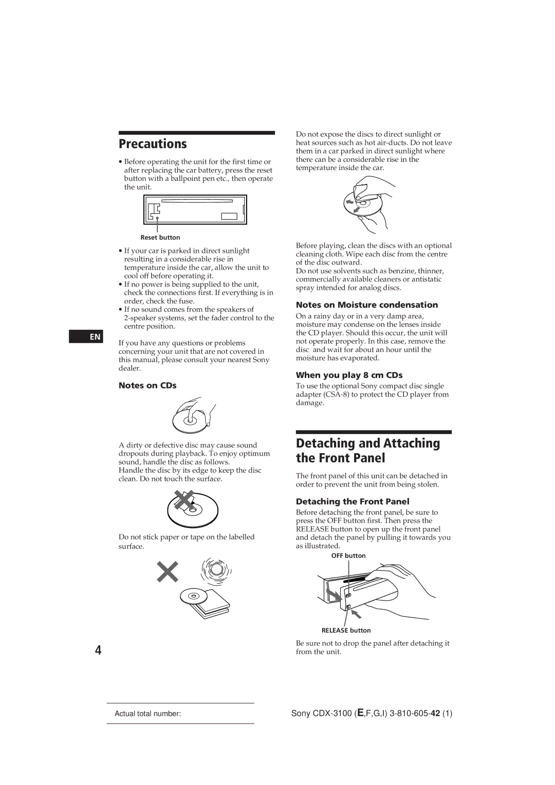 Sony CDX-3100 Precautions, Detaching and Attaching the Front Panel, When you play 8 cm CDs, Detaching the Front Panel 