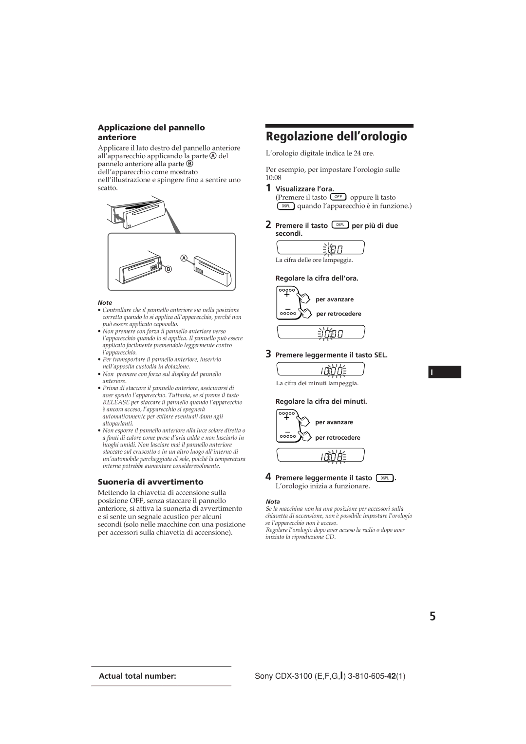 Sony CDX-3100 manual Regolazione dell’orologio, Applicazione del pannello anteriore, Suoneria di avvertimento 