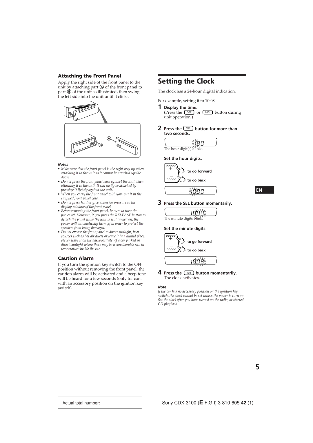 Sony CDX-3100 manual Setting the Clock, Attaching the Front Panel 