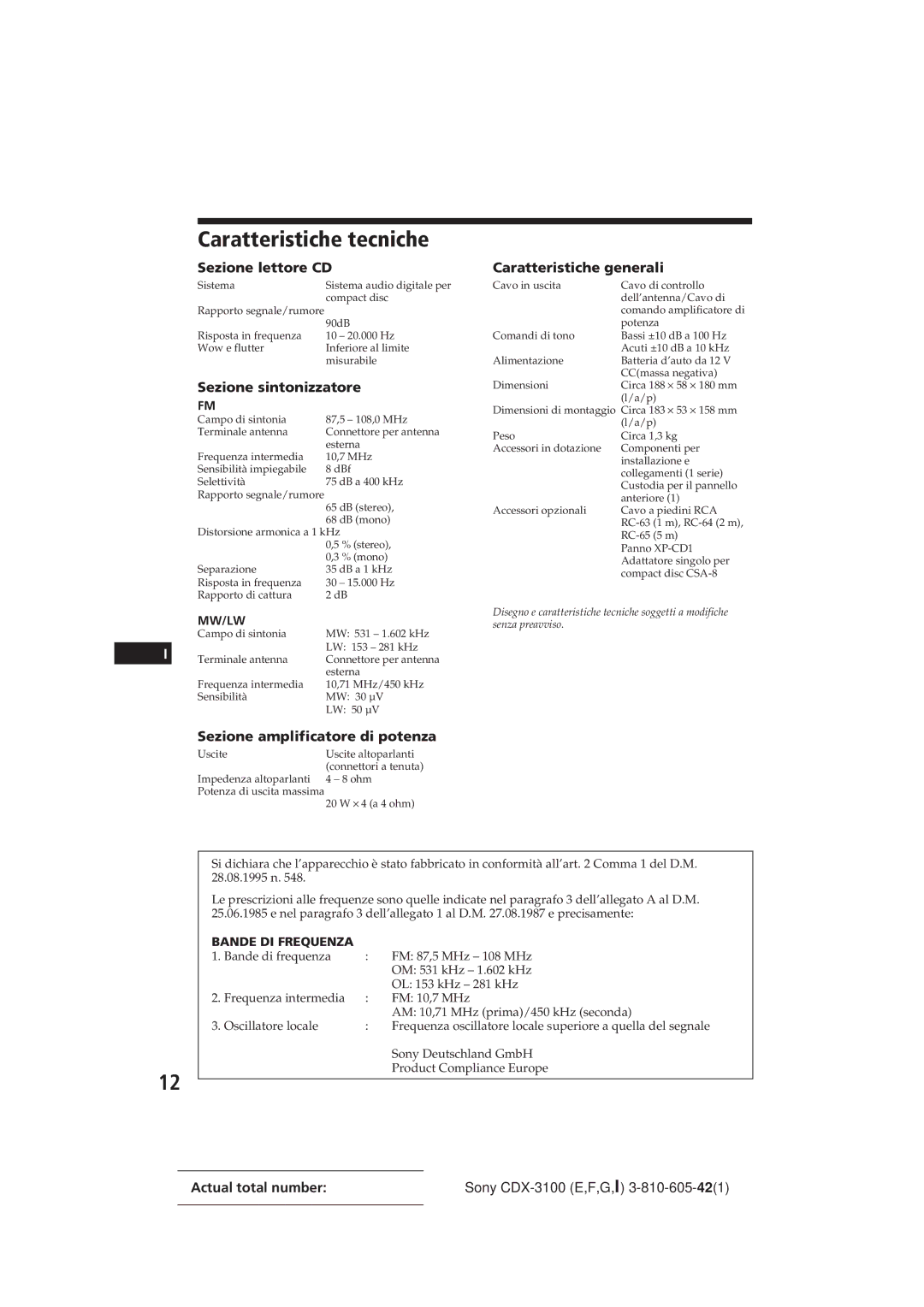 Sony CDX-3100 manual Caratteristiche tecniche, Sezione amplificatore di potenza 