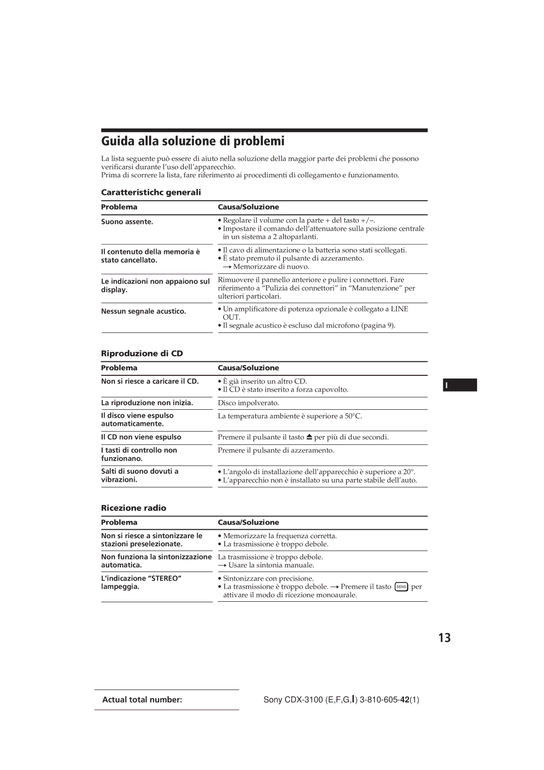 Sony CDX-3100 manual Guida alla soluzione di problemi, Caratteristichc generali, Riproduzione di CD, Ricezione radio 