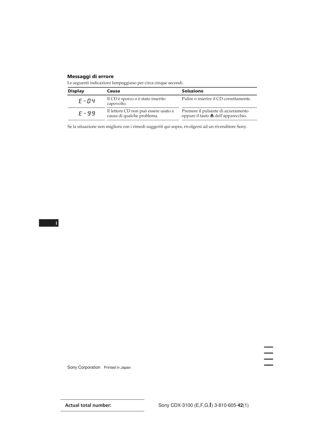 Sony CDX-3100 manual Messaggi di errore, Display Causa Soluzione 