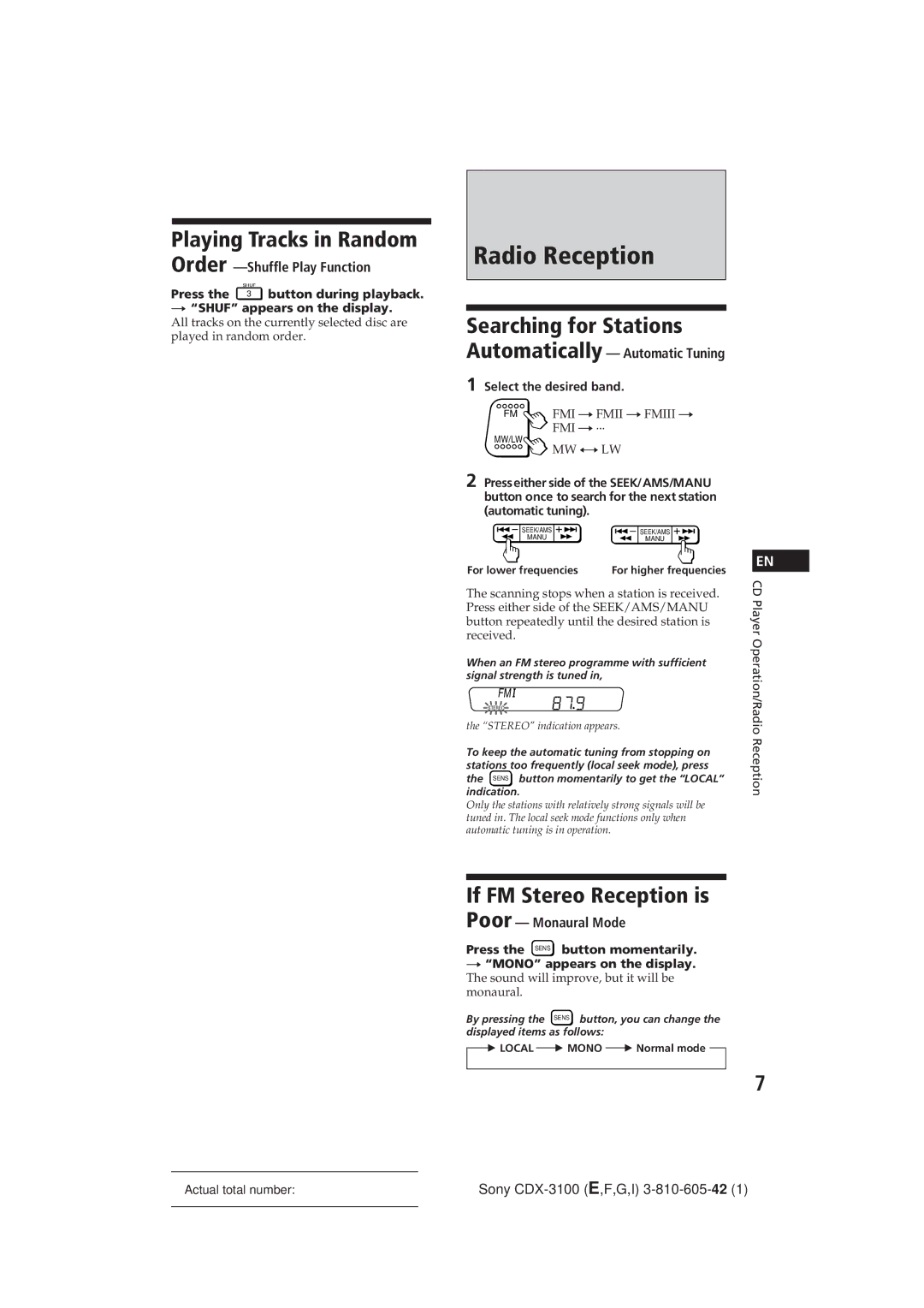 Sony CDX-3100 manual Radio Reception, Playing Tracks in Random, Searching for Stations, If FM Stereo Reception is 
