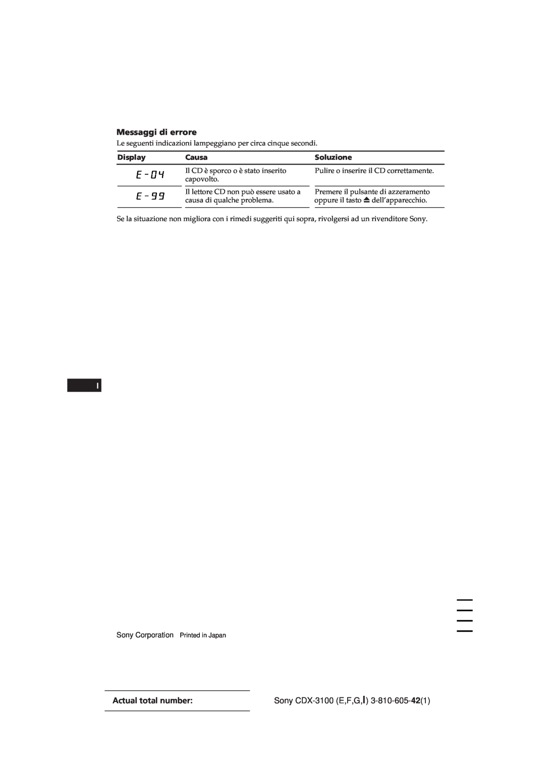 Sony CDX-3100 manual Messaggi di errore, Actual total number, Display, Causa, Soluzione 