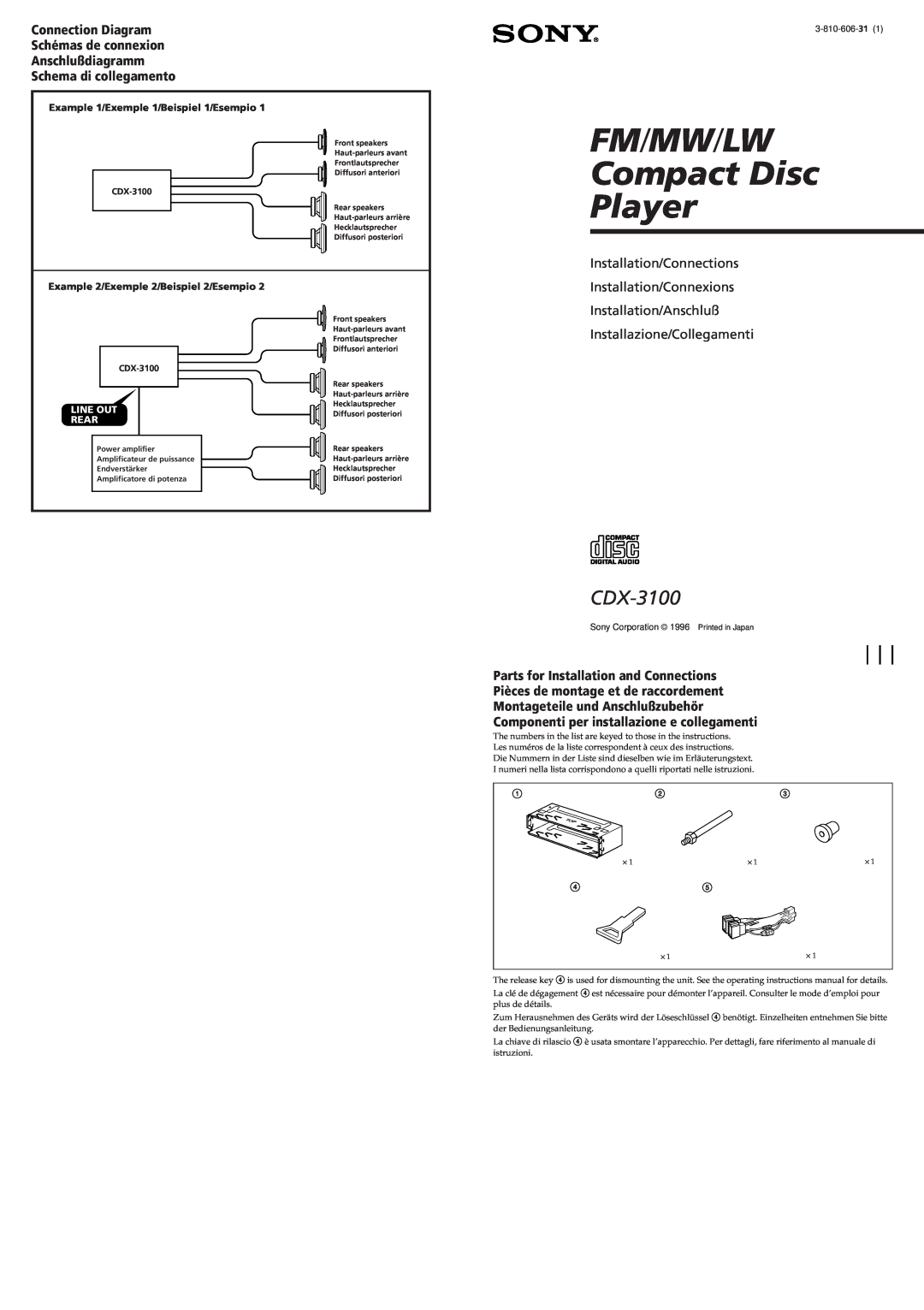 Sony CDX-3100 operating instructions Connection Diagram Schémas de connexion, Anschlußdiagramm Schema di collegamento 