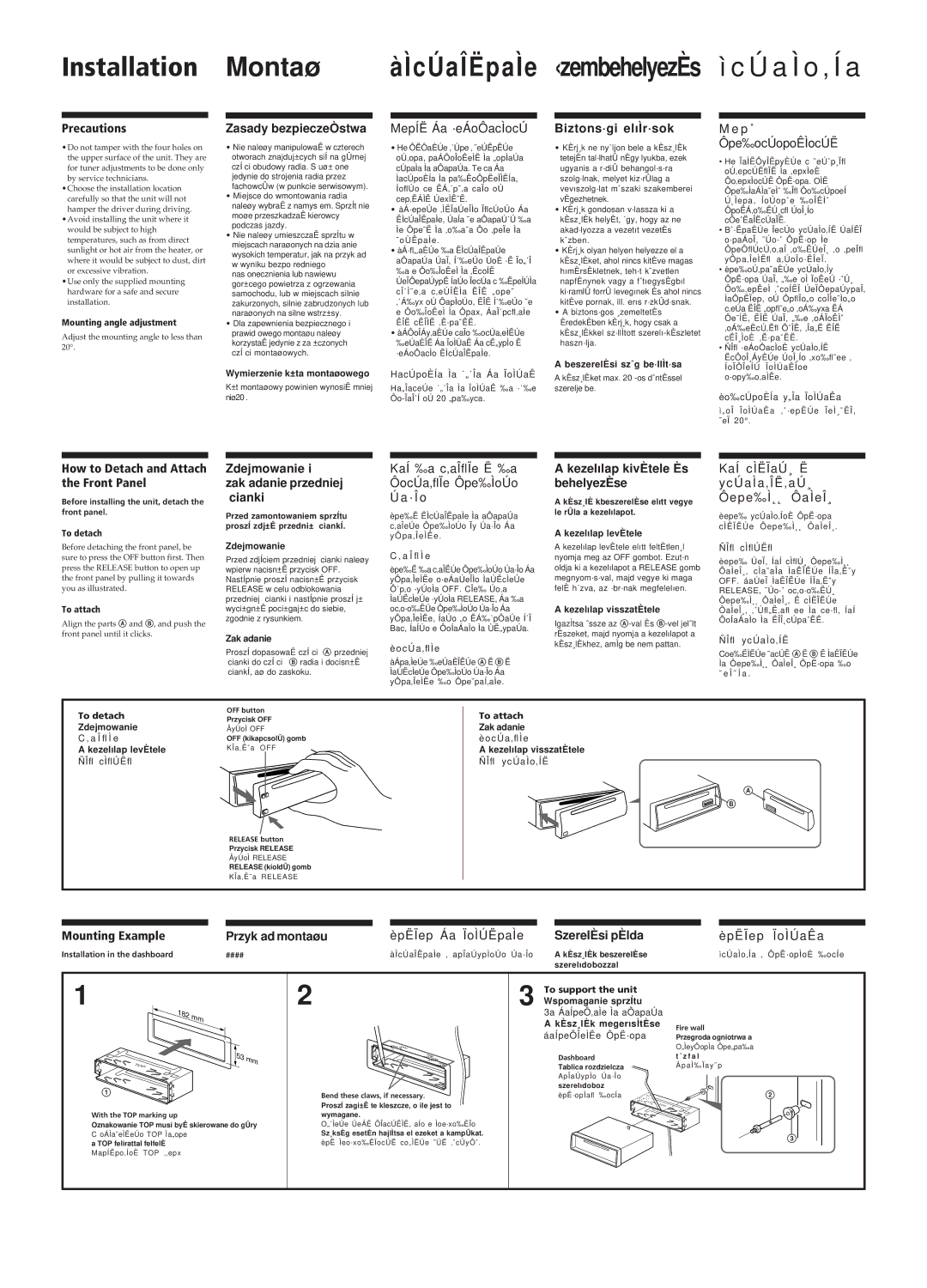 Sony CDX-3103 Precautions, How to Detach and Attach the Front Panel, Mounting Example Przyk ad montaøu 