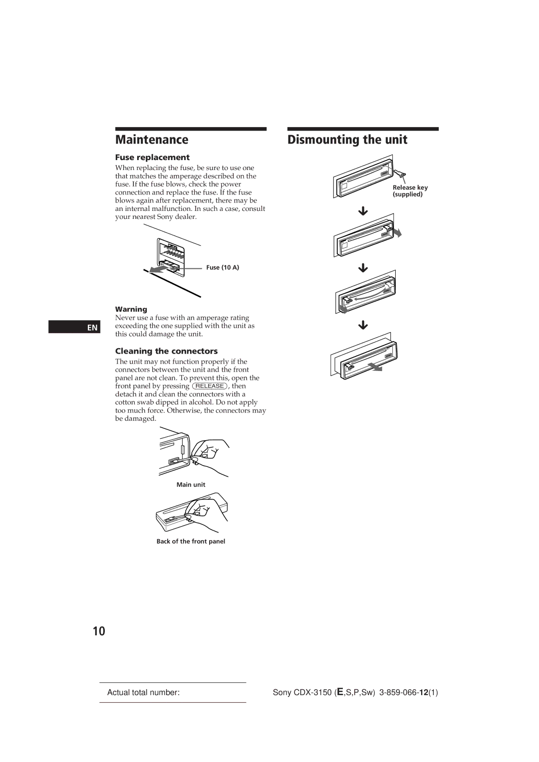 Sony CDX-3150 manual Maintenance, Dismounting the unit, Fuse replacement, Cleaning the connectors 