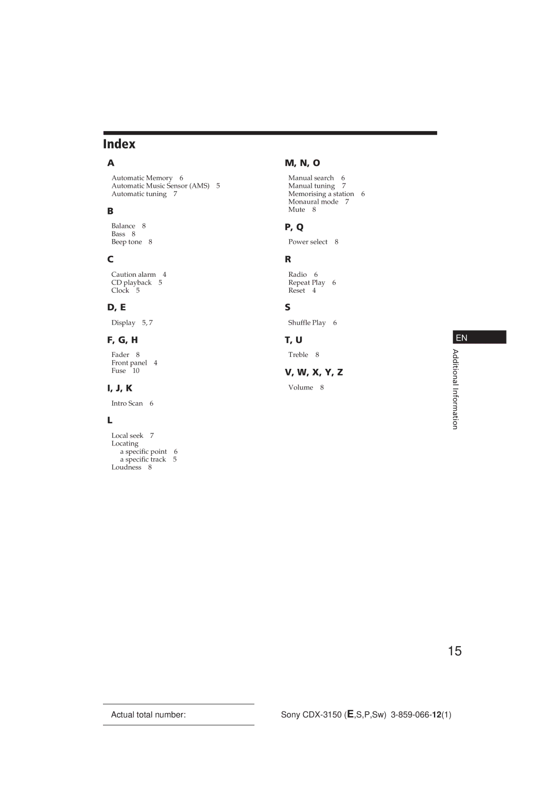 Sony CDX-3150 manual Index, X, Y, Z 