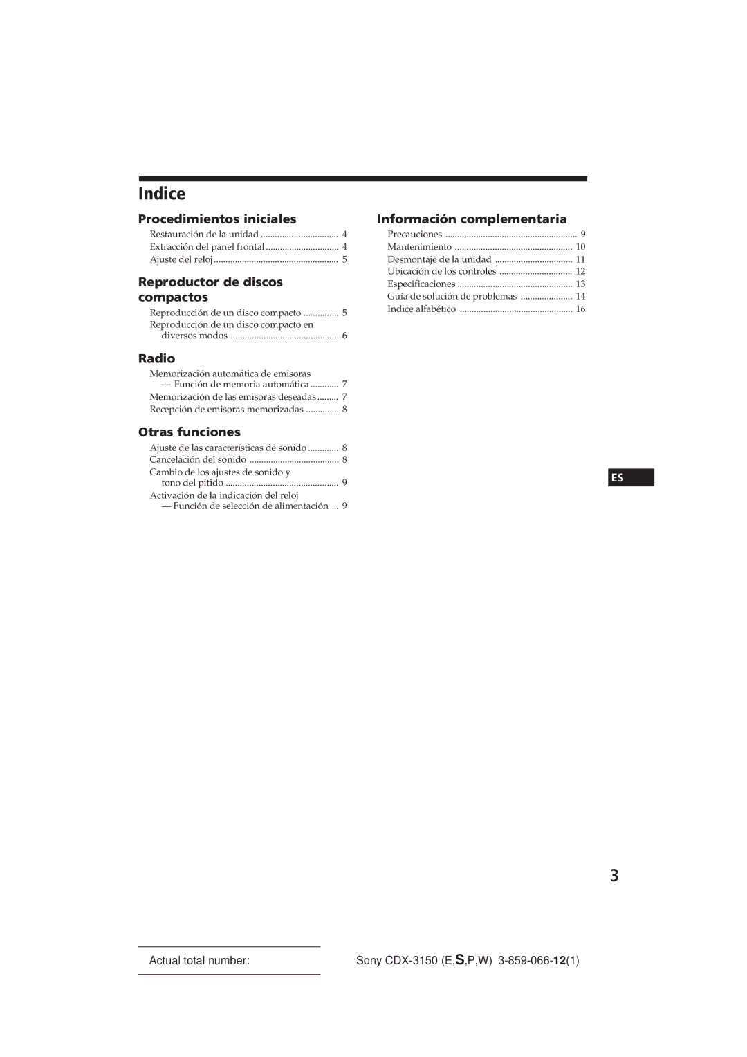 Sony CDX-3150 manual Indice, Procedimientos iniciales, Reproductor de discos Compactos, Otras funciones 