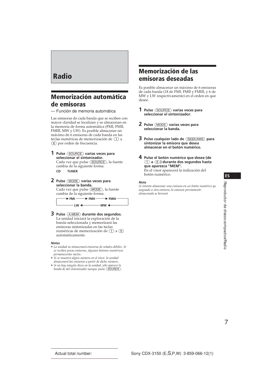 Sony CDX-3150 manual Memorización de las emisoras deseadas, Función de memoria automática 