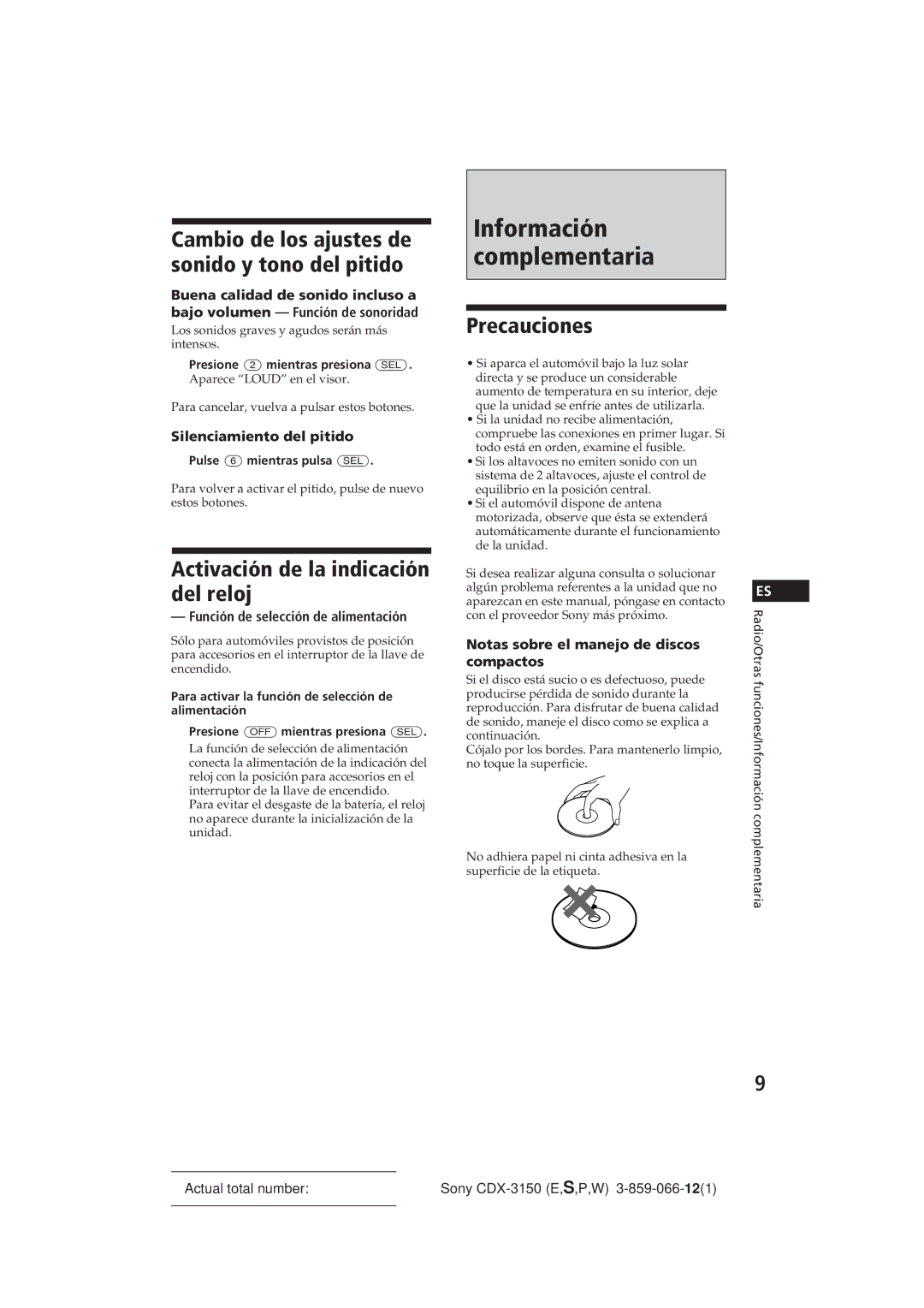 Sony CDX-3150 manual Activación de la indicación del reloj, Precauciones, Cambio de los ajustes de sonido y tono del pitido 