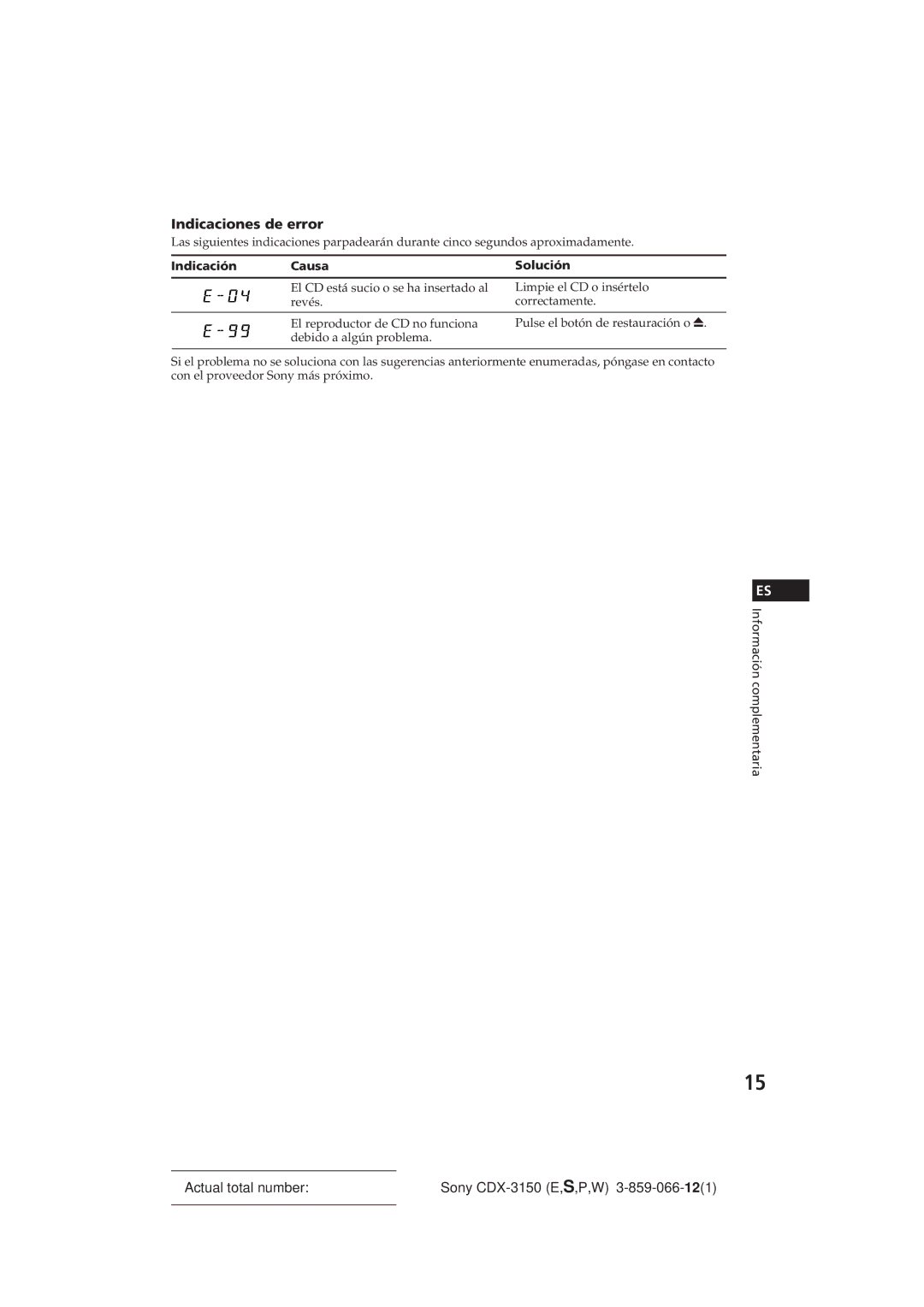 Sony CDX-3150 manual Indicaciones de error, Indicación Causa Solución 