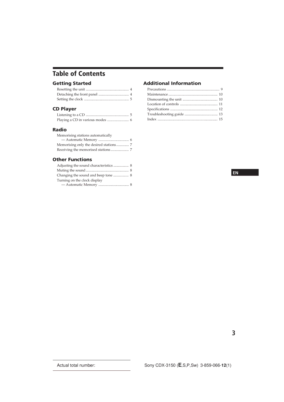 Sony CDX-3150 manual Table of Contents 