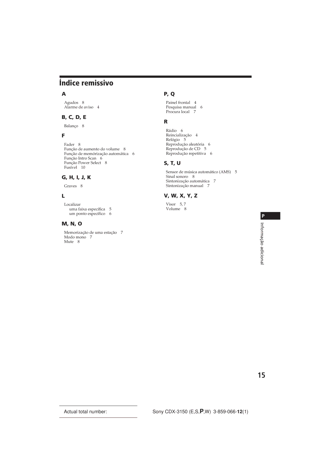 Sony CDX-3150 manual Índice remissivo, D, E 