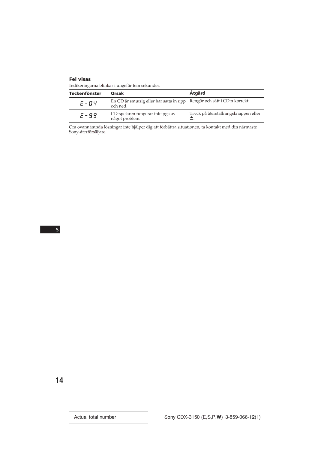 Sony CDX-3150 manual Fel visas, Indikeringarna blinkar i ungefär fem sekunder, Teckenfönster Orsak Åtgärd 