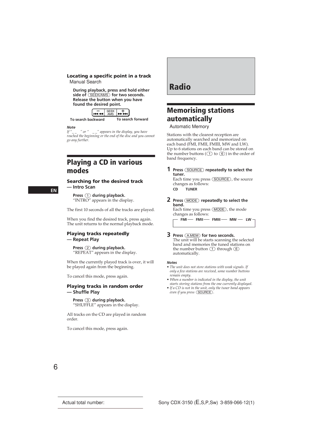 Sony CDX-3150 manual Radio, Playing a CD in various modes, Memorising stations automatically 