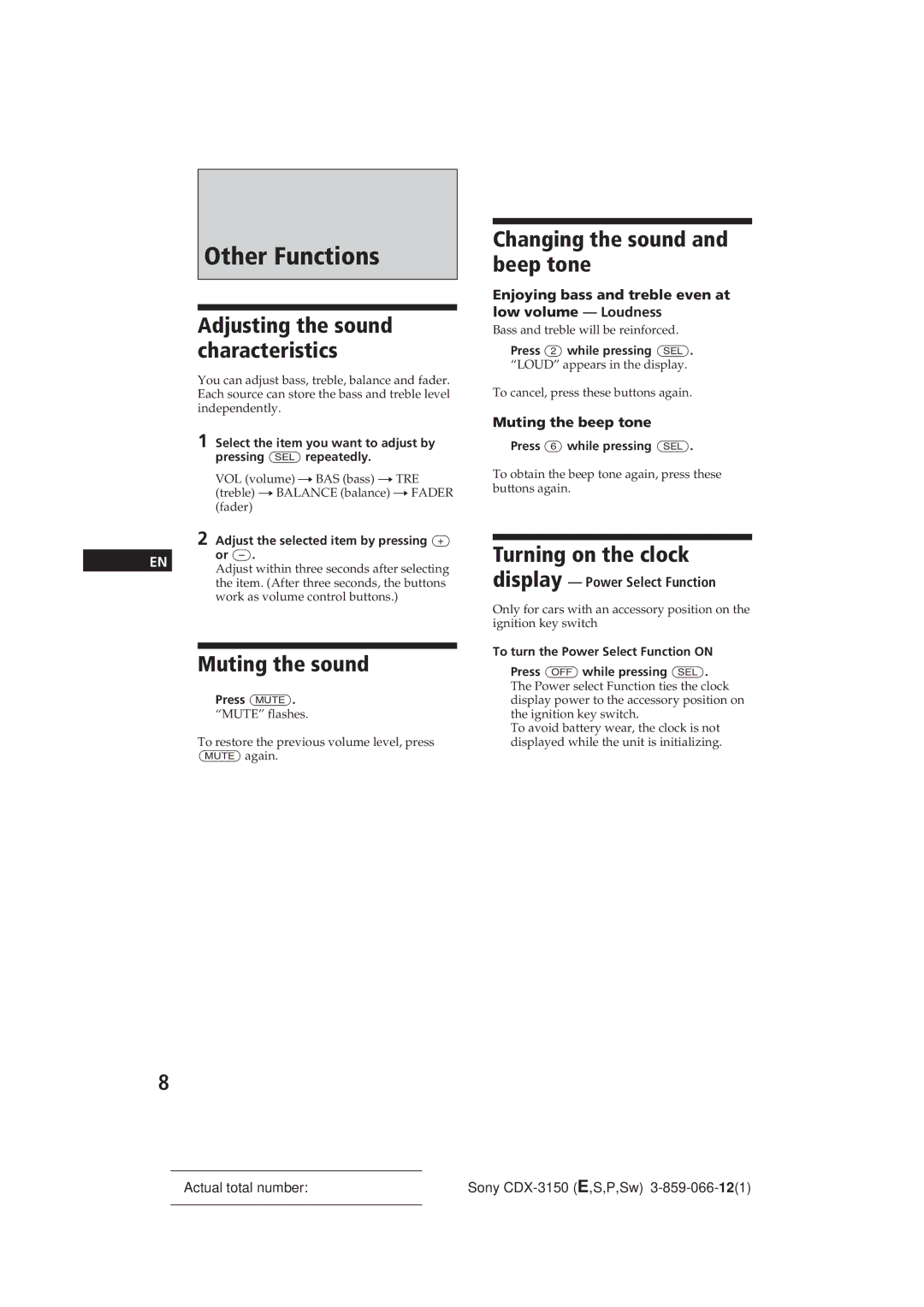 Sony CDX-3150 manual Other Functions, Muting the sound, Changing the sound and beep tone, Turning on the clock 