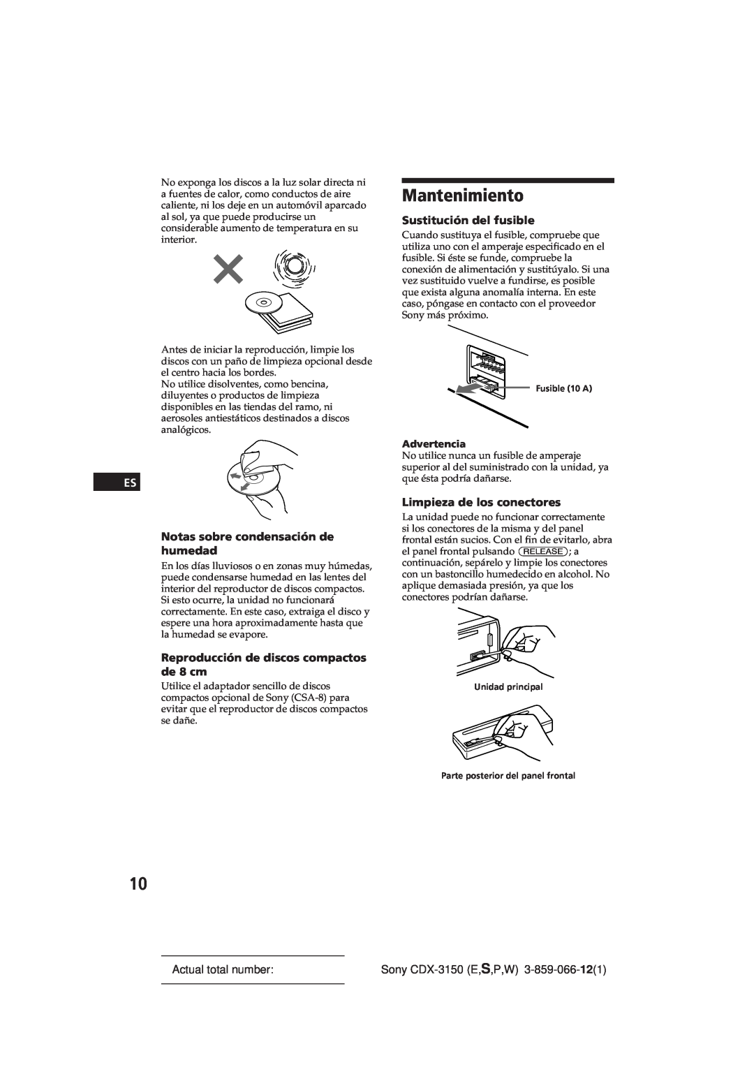 Sony CDX-3150 manual Mantenimiento, Notas sobre condensación de humedad, Reproducción de discos compactos de 8 cm 