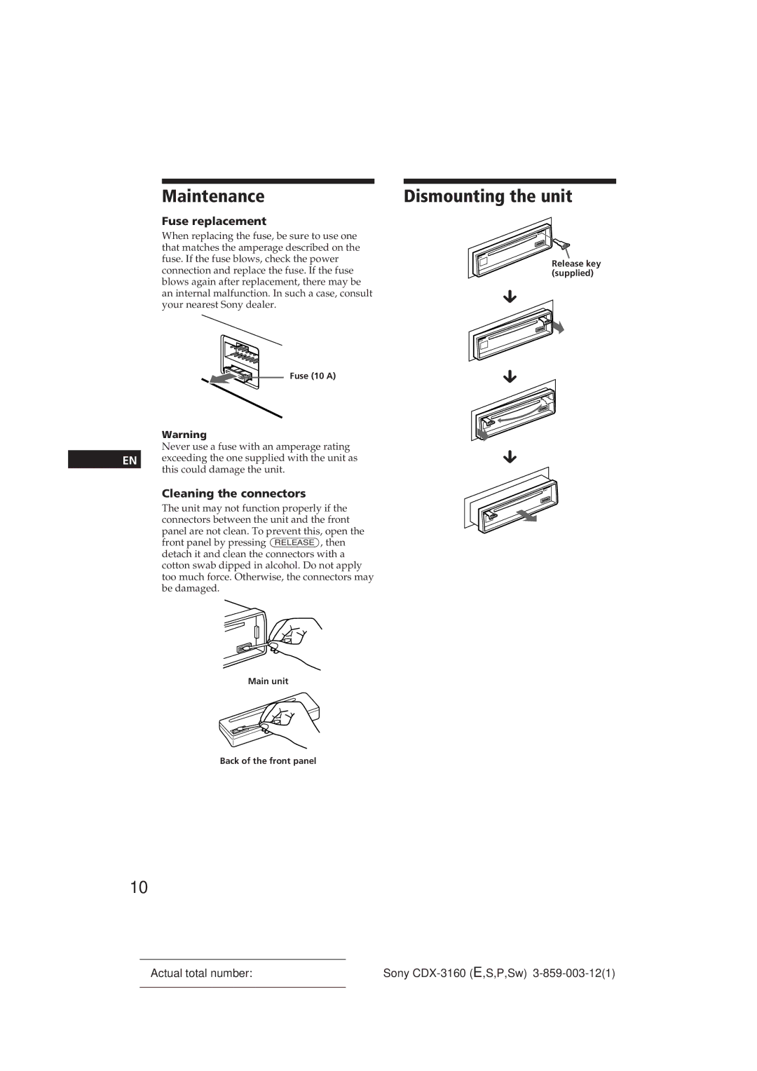 Sony CDX-3160 manual Maintenance, Dismounting the unit, Fuse replacement, Cleaning the connectors 