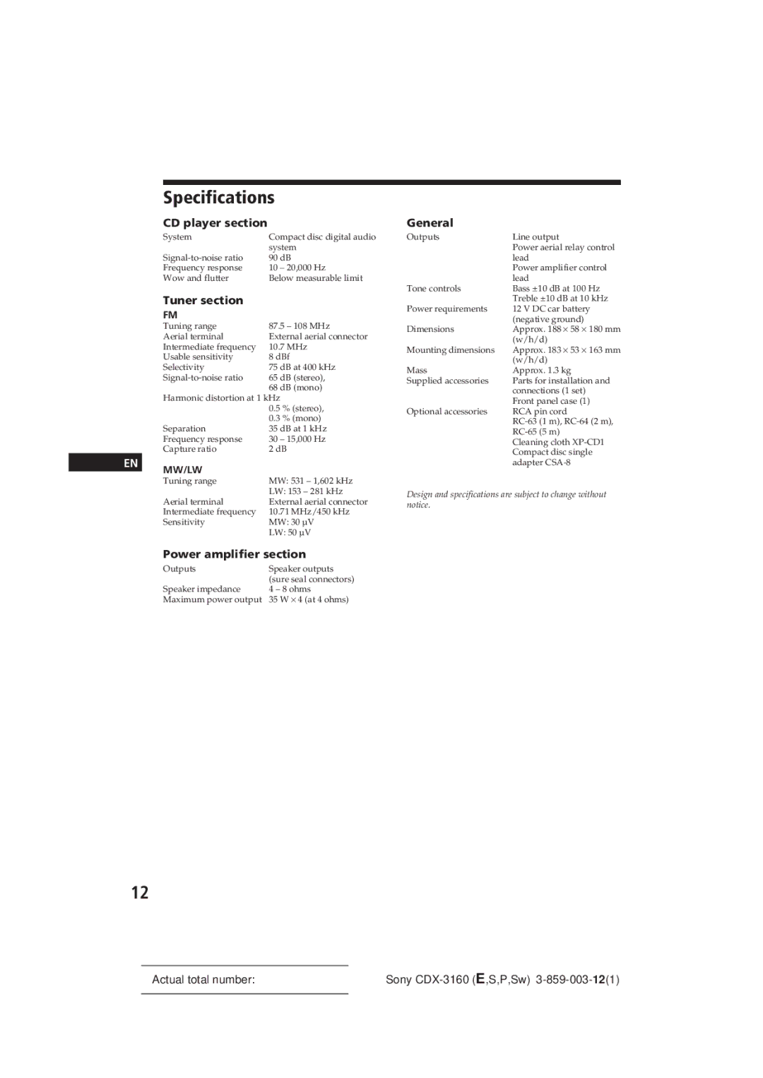 Sony CDX-3160 manual Specifications, CD player section, Tuner section, Power amplifier section, General 