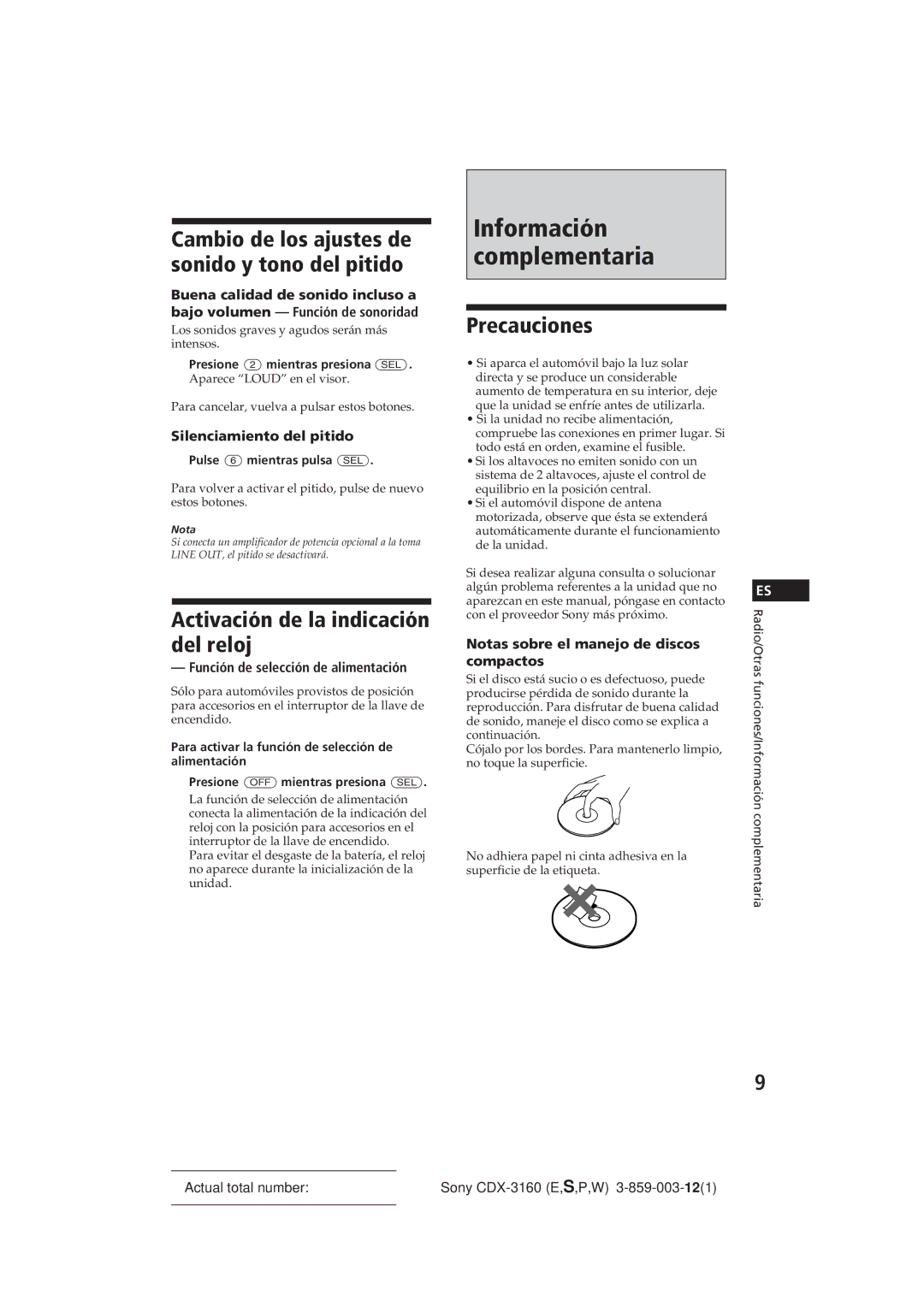 Sony CDX-3160 manual Activación de la indicación del reloj, Precauciones, Cambio de los ajustes de sonido y tono del pitido 