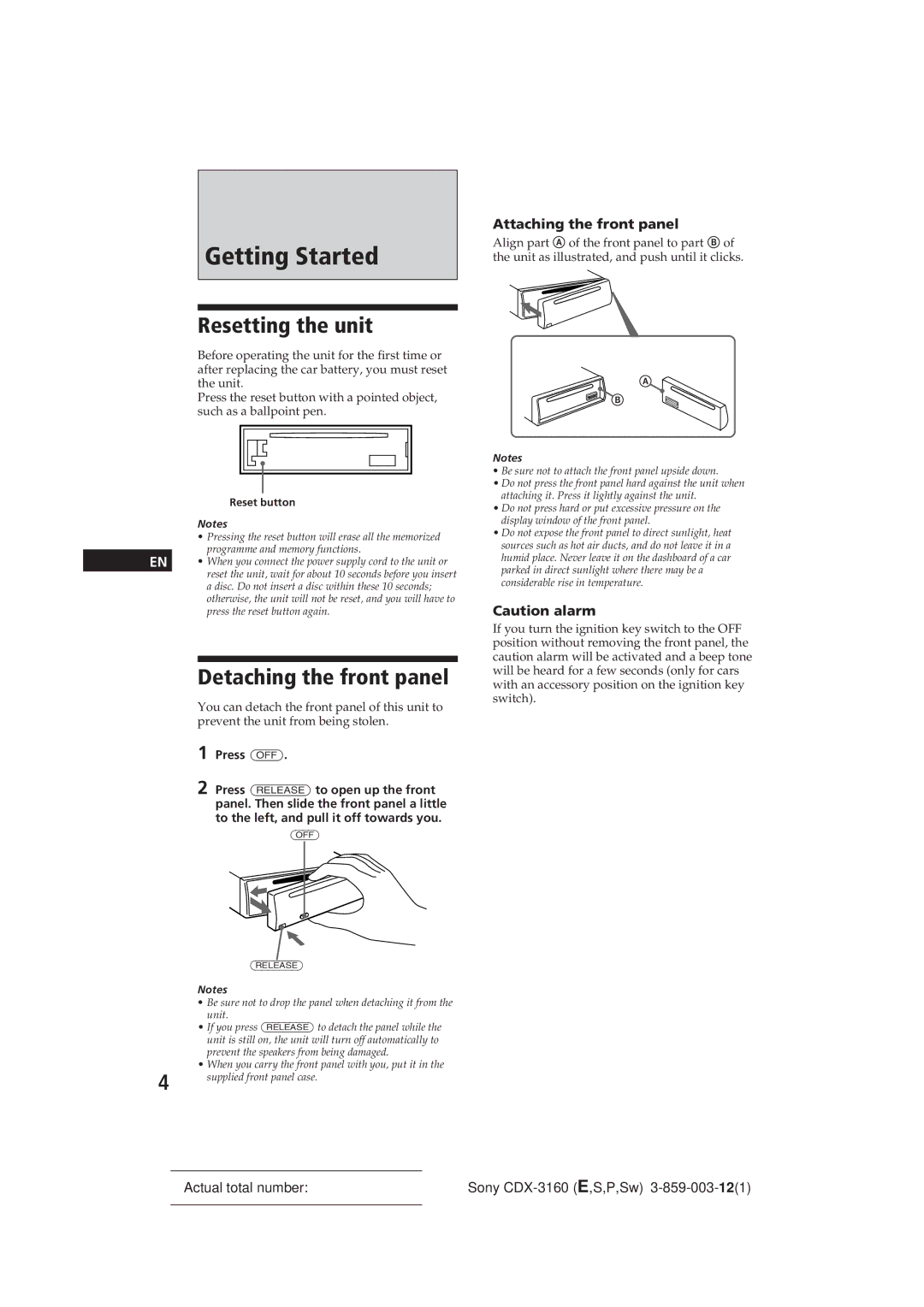 Sony CDX-3160 manual Getting Started, Resetting the unit, Detaching the front panel, Attaching the front panel, Press OFF 