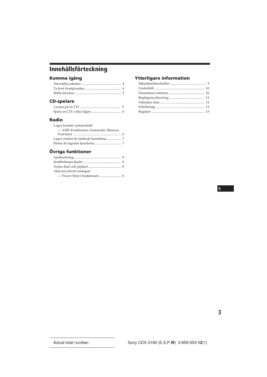 Sony CDX-3160 manual Innehållsförteckning, Komma igång, CD-spelare, Övriga funktioner, Ytterligare information 