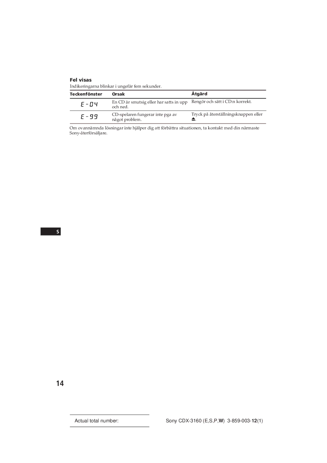 Sony CDX-3160 manual Fel visas, Indikeringarna blinkar i ungefär fem sekunder, Teckenfönster Orsak Åtgärd 