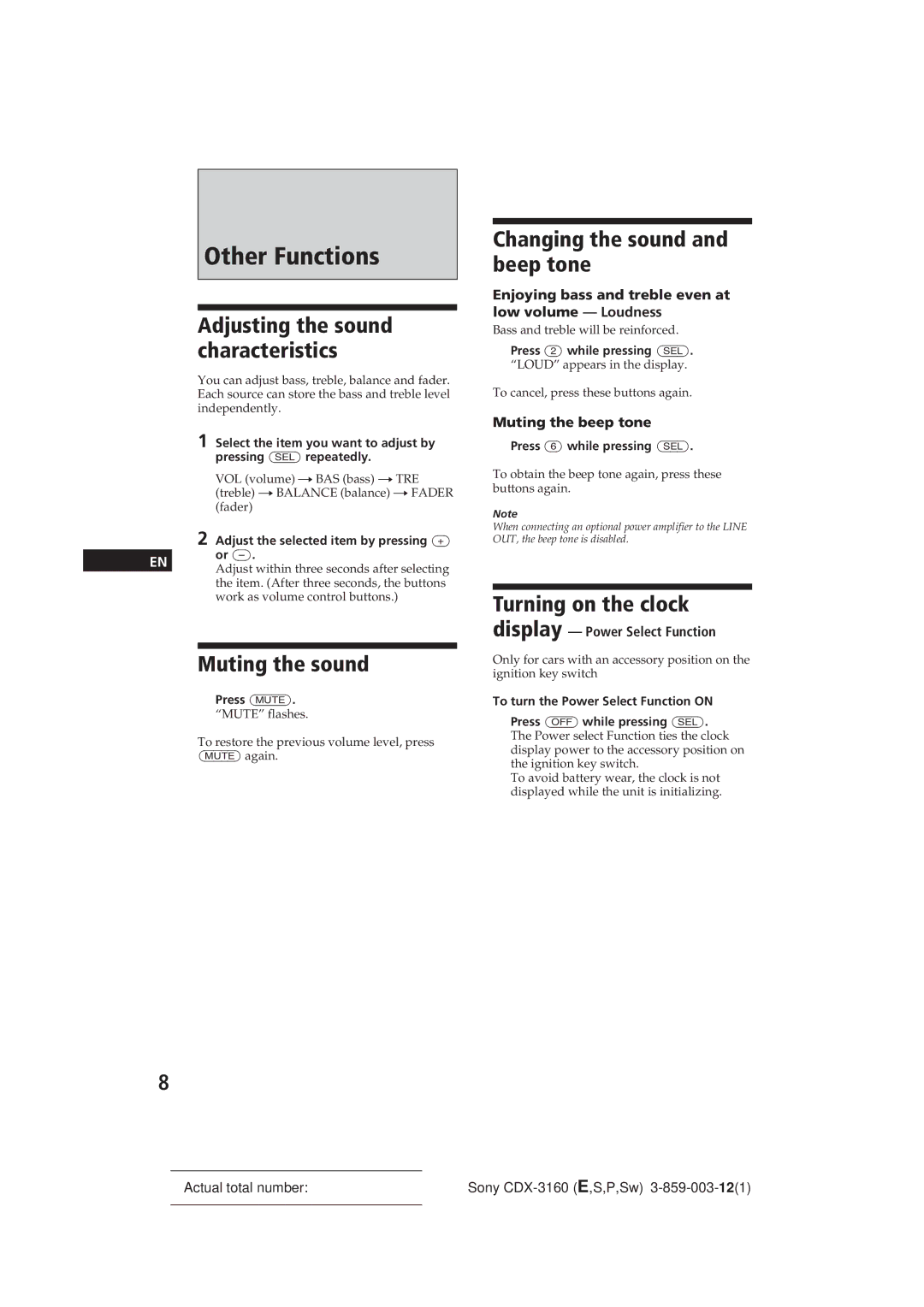 Sony CDX-3160 manual Other Functions, Muting the sound, Changing the sound and beep tone, Turning on the clock 