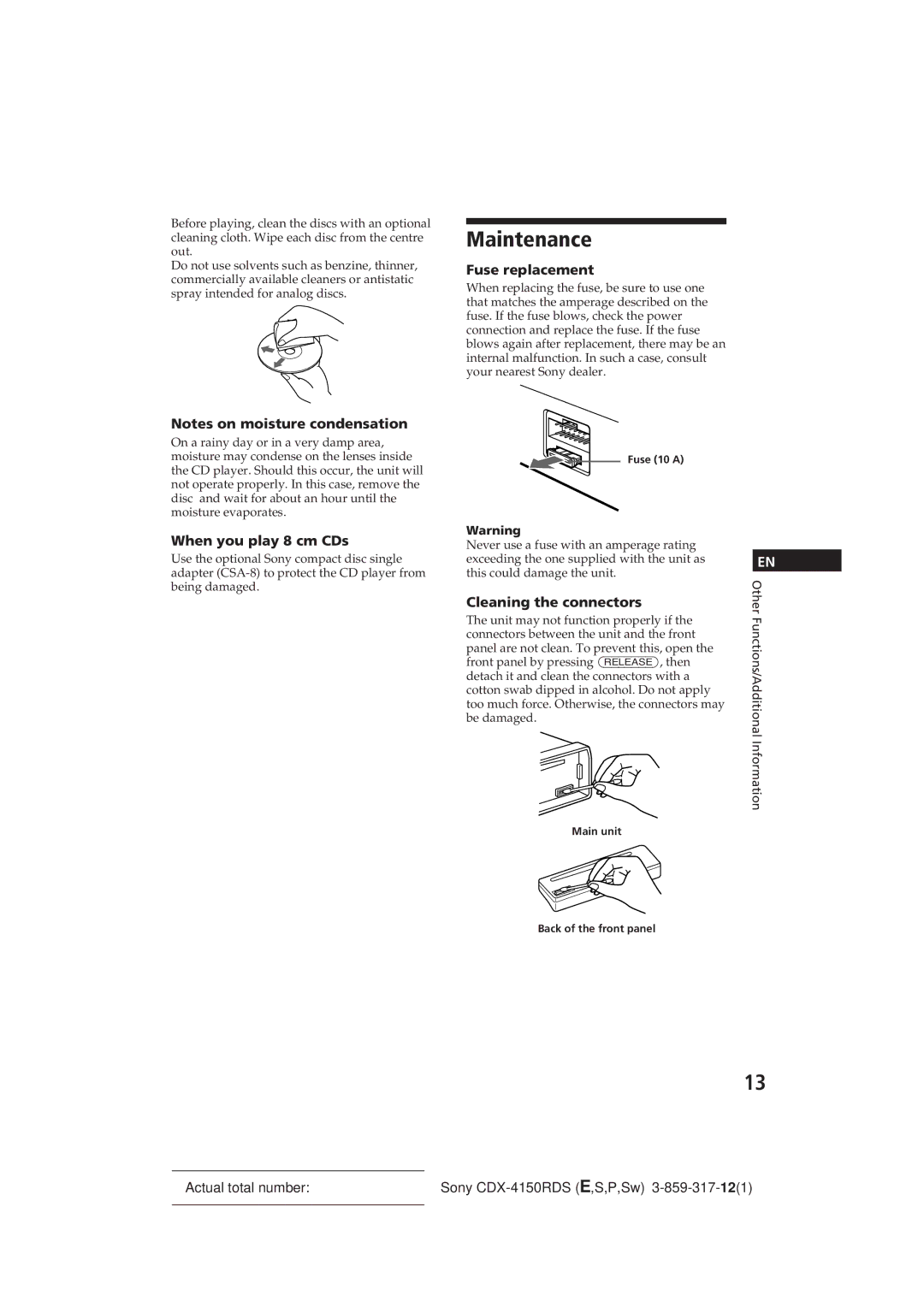 Sony CDX-4150RDS operating instructions Maintenance, Fuse replacement, When you play 8 cm CDs, Cleaning the connectors 