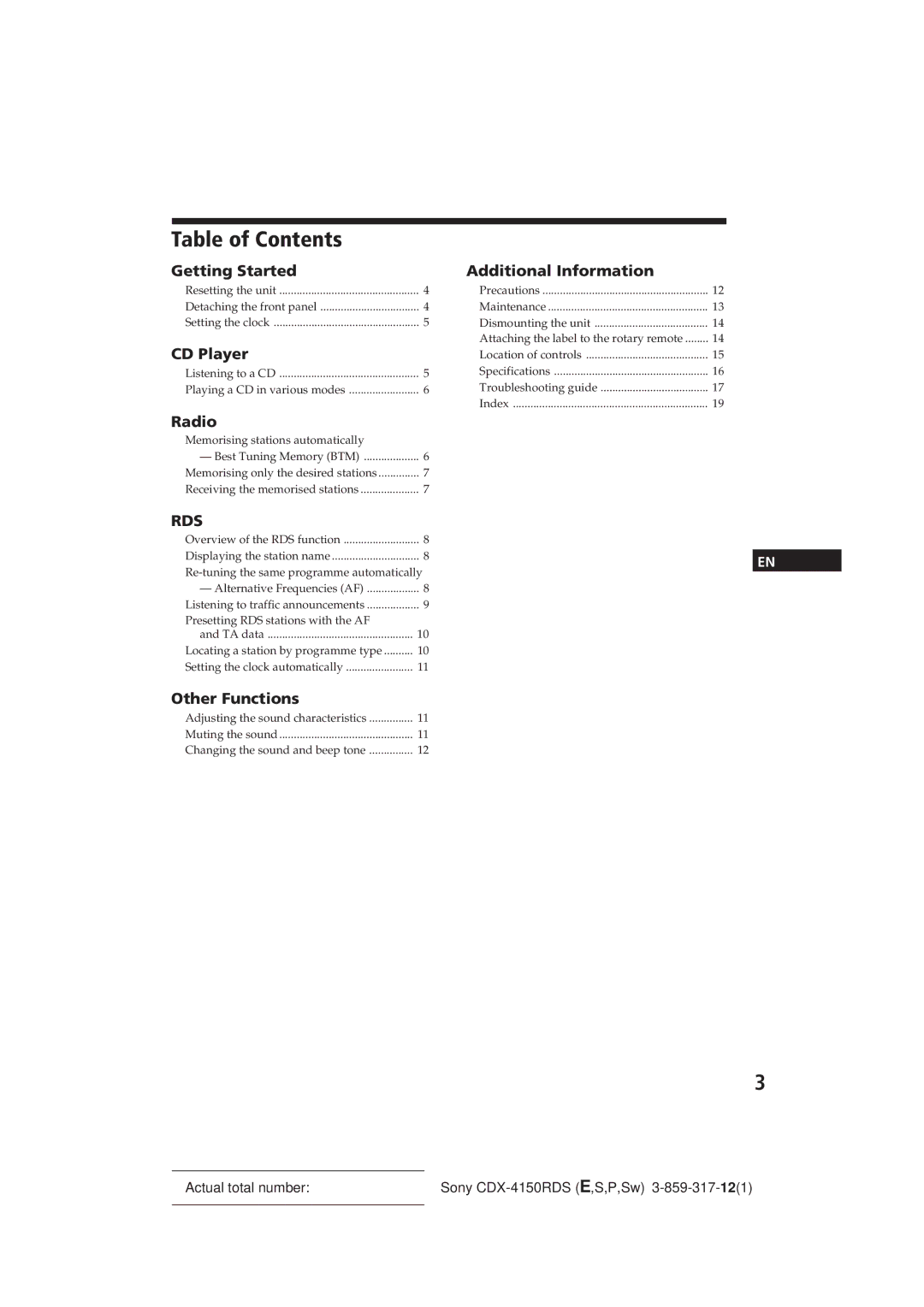 Sony CDX-4150RDS operating instructions Table of Contents 