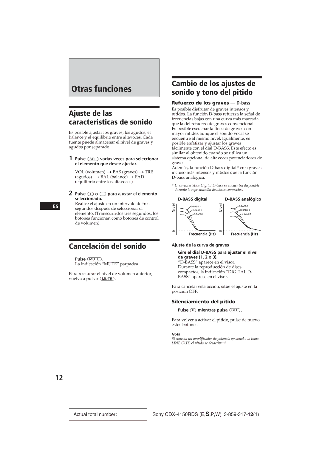 Sony CDX-4150RDS operating instructions Otras funciones, Cancelación del sonido, Ajuste de las características de sonido 