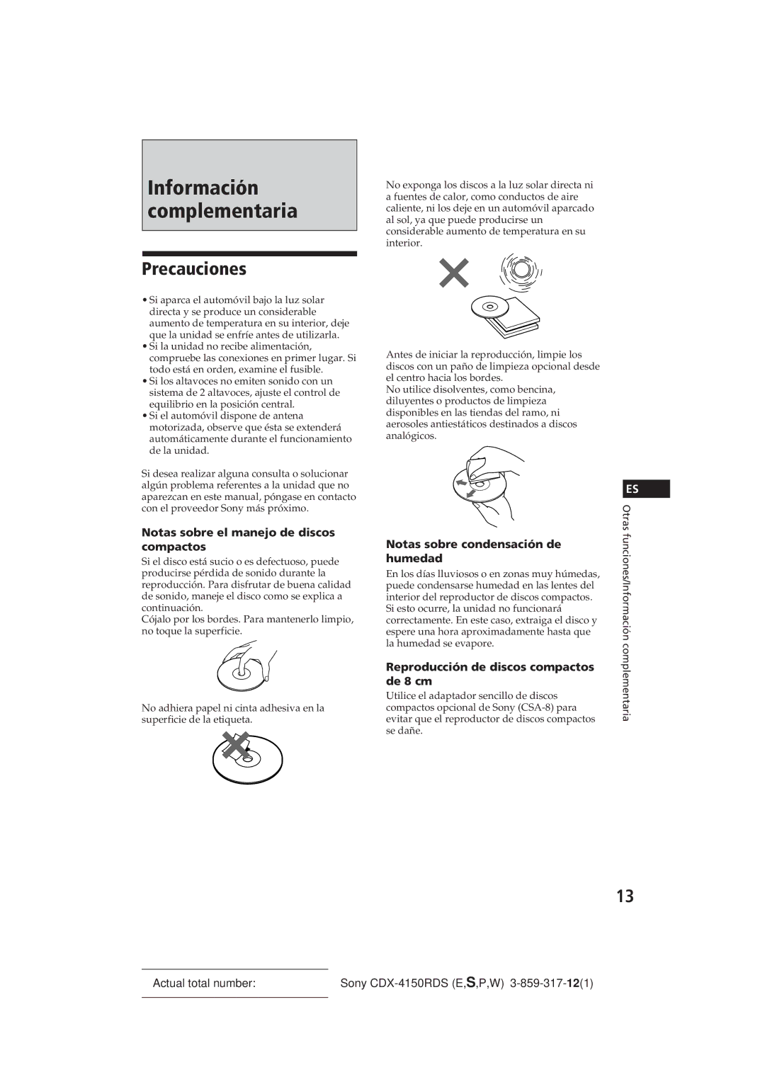 Sony CDX-4150RDS Precauciones, Notas sobre el manejo de discos compactos, Notas sobre condensación de humedad 