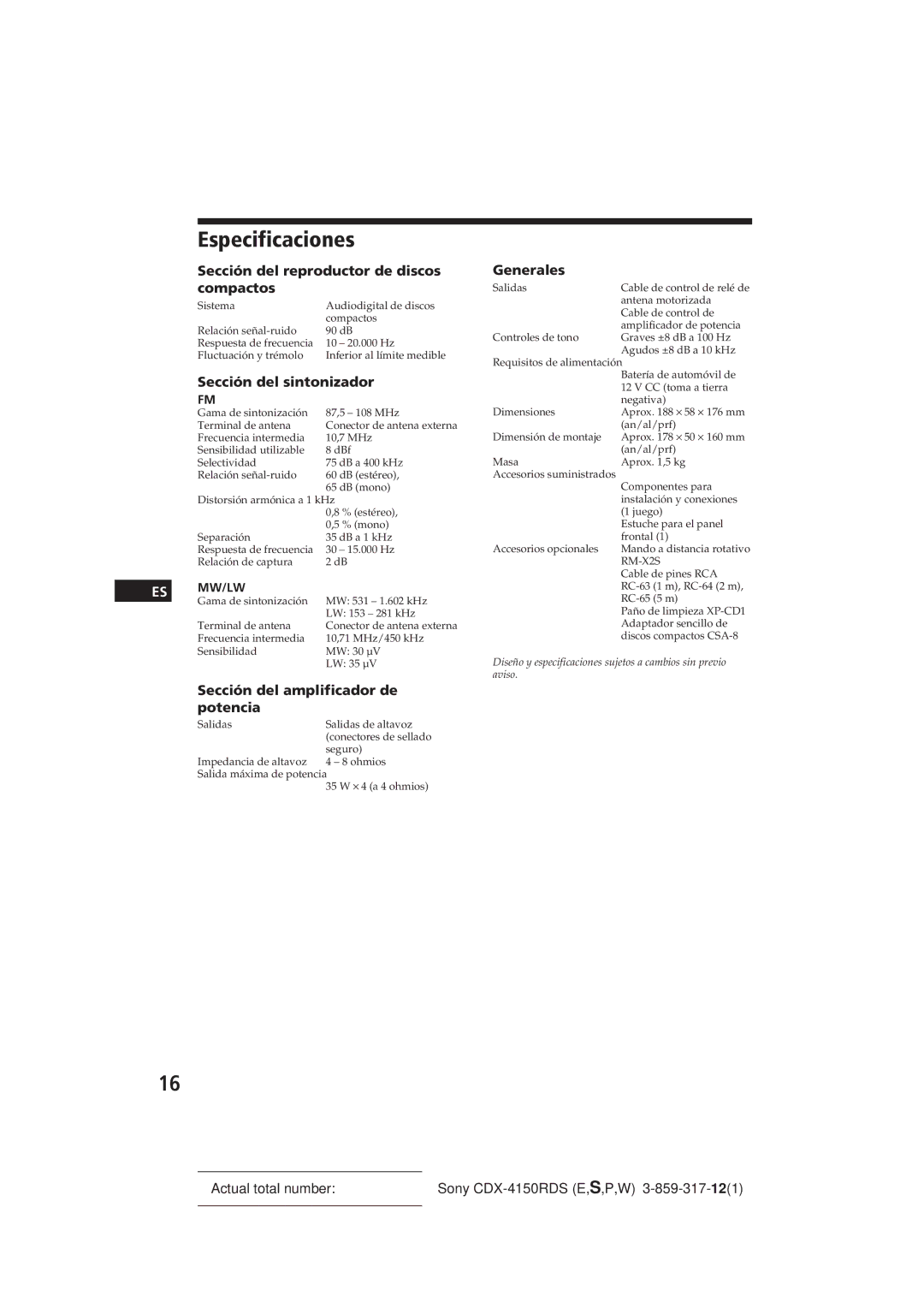 Sony CDX-4150RDS operating instructions Especificaciones 