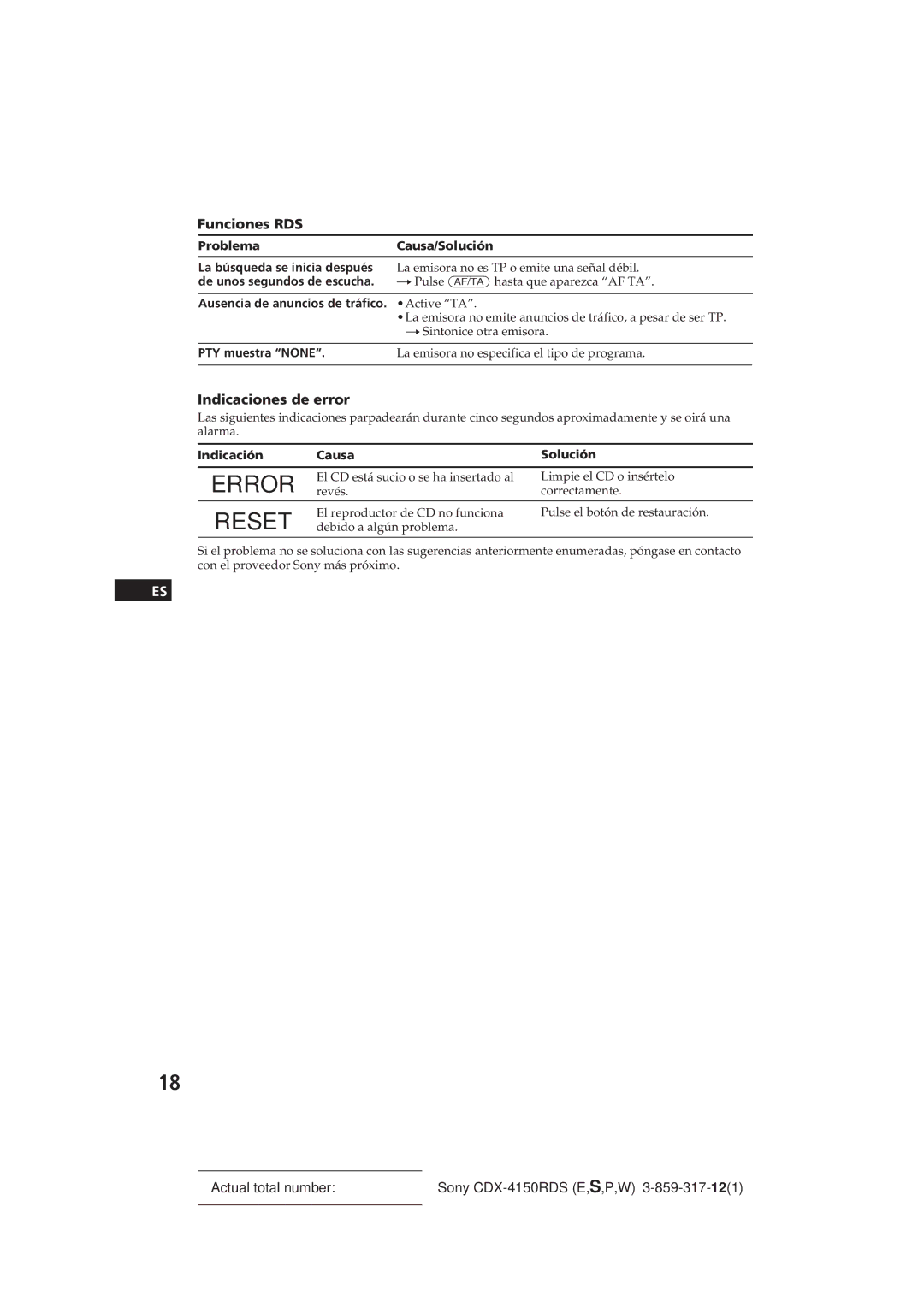 Sony CDX-4150RDS Funciones RDS, Indicaciones de error, ProblemaCausa/Solución, Ausencia de anuncios de tráfico. Active TA 