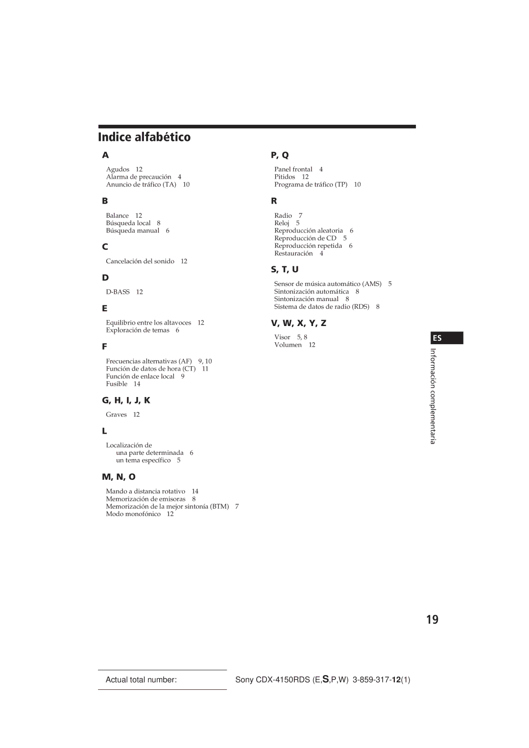 Sony CDX-4150RDS operating instructions Indice alfabético, I, J, K 