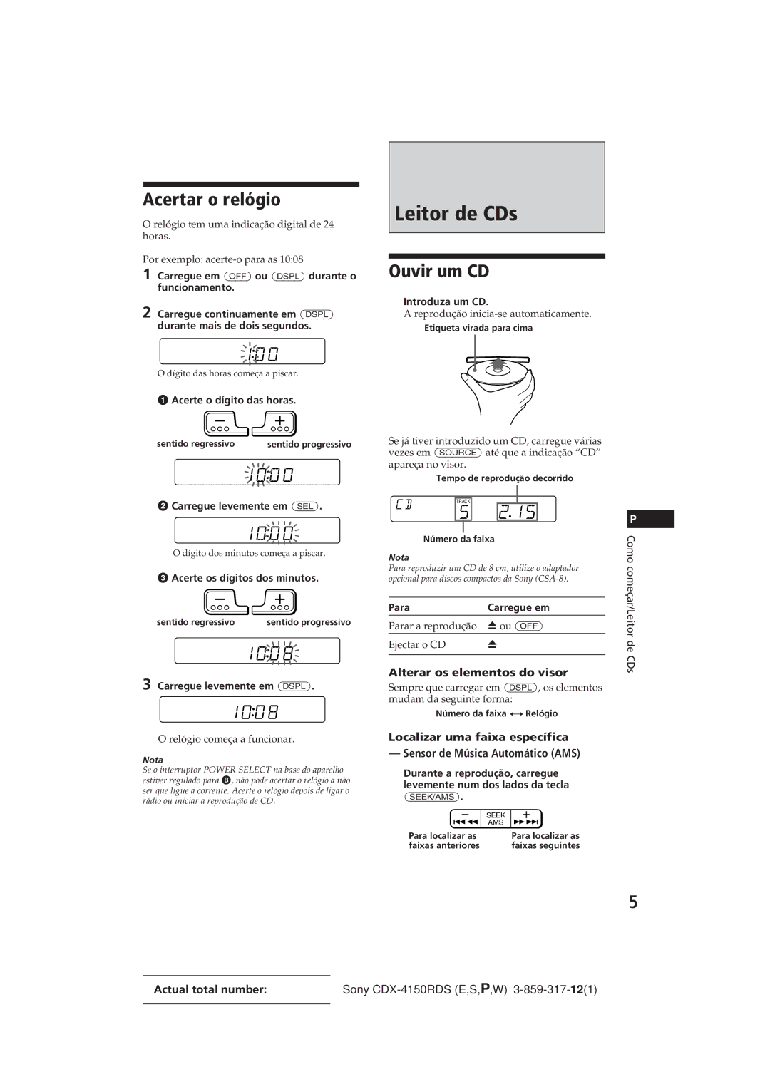 Sony CDX-4150RDS operating instructions Leitor de CDs, Acertar o relógio, Ouvir um CD, Alterar os elementos do visor 